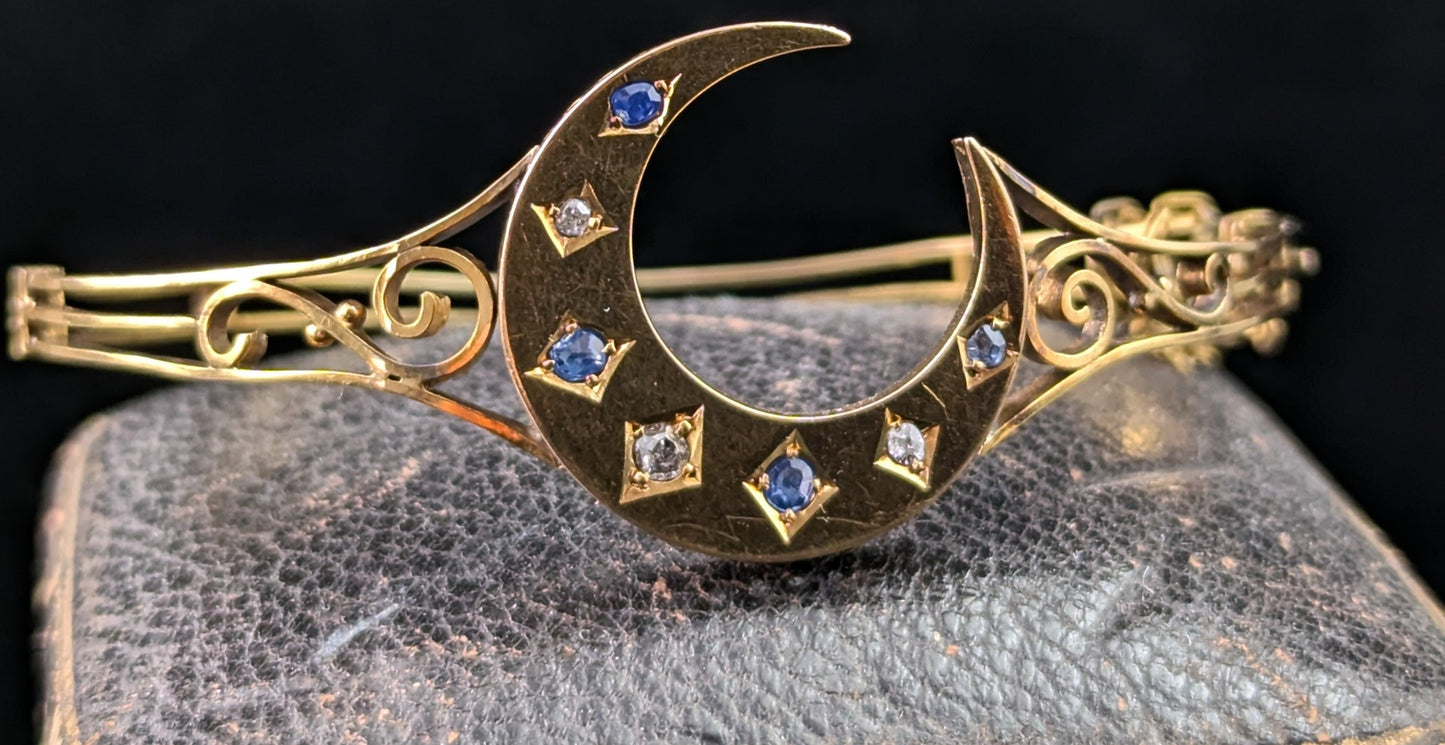 Antique Sapphire and Diamond crescent moon bangle, 9ct yellow gold