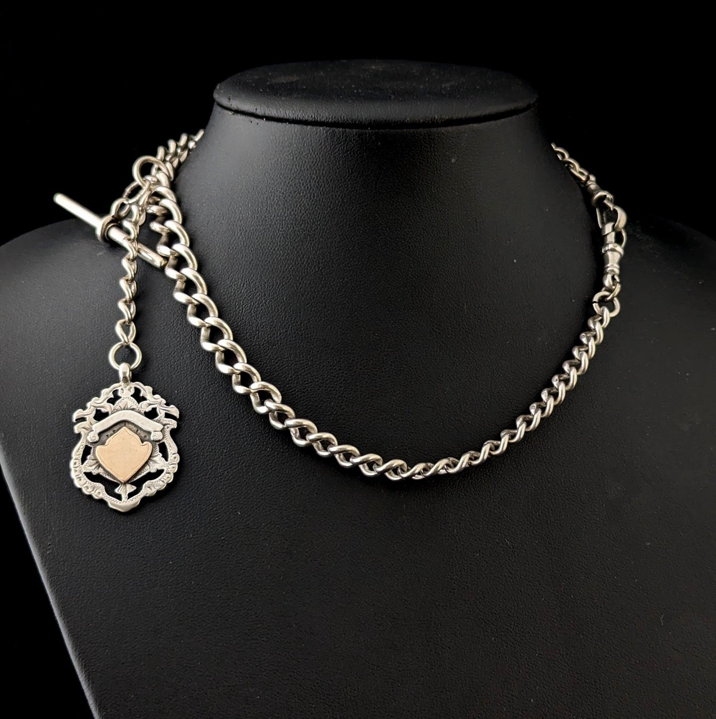 Antique Sterling silver Albert chain, Fob and T bar