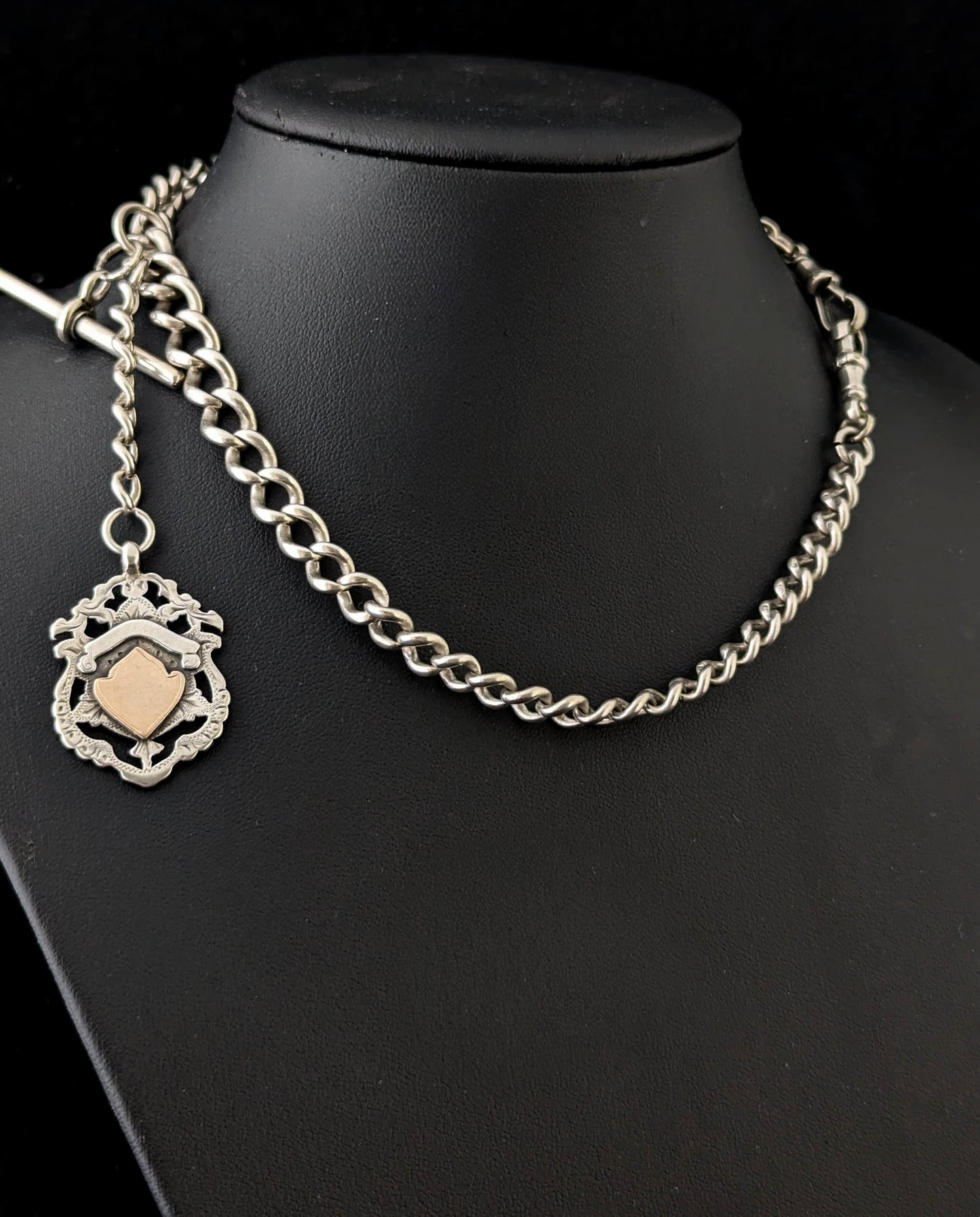 Antique Sterling silver Albert chain, Fob and T bar