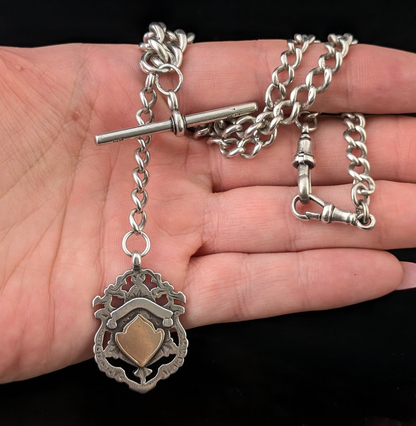 Antique Sterling silver Albert chain, Fob and T bar