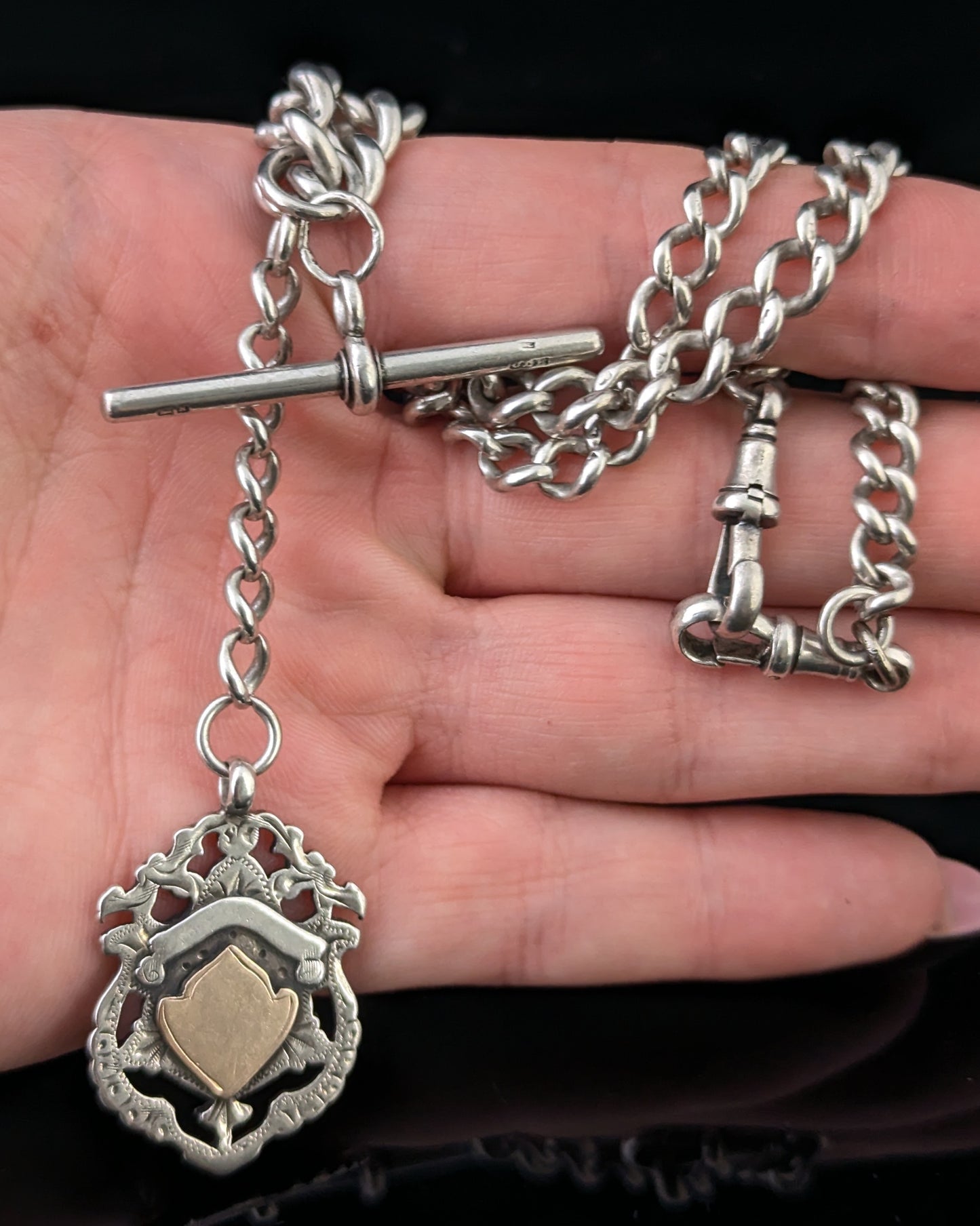 Antique Sterling silver Albert chain, Fob and T bar