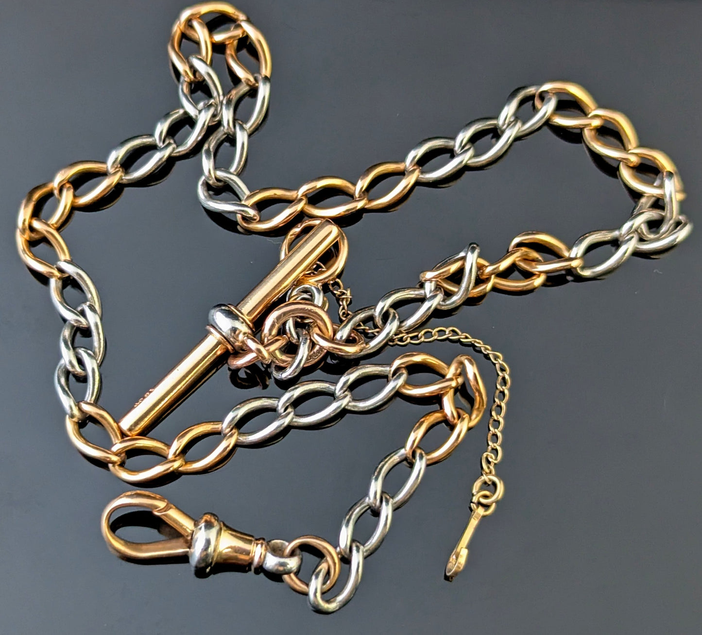 Antique 18ct rose gold and platinum Albert chain, watch chain necklace, Open curb link