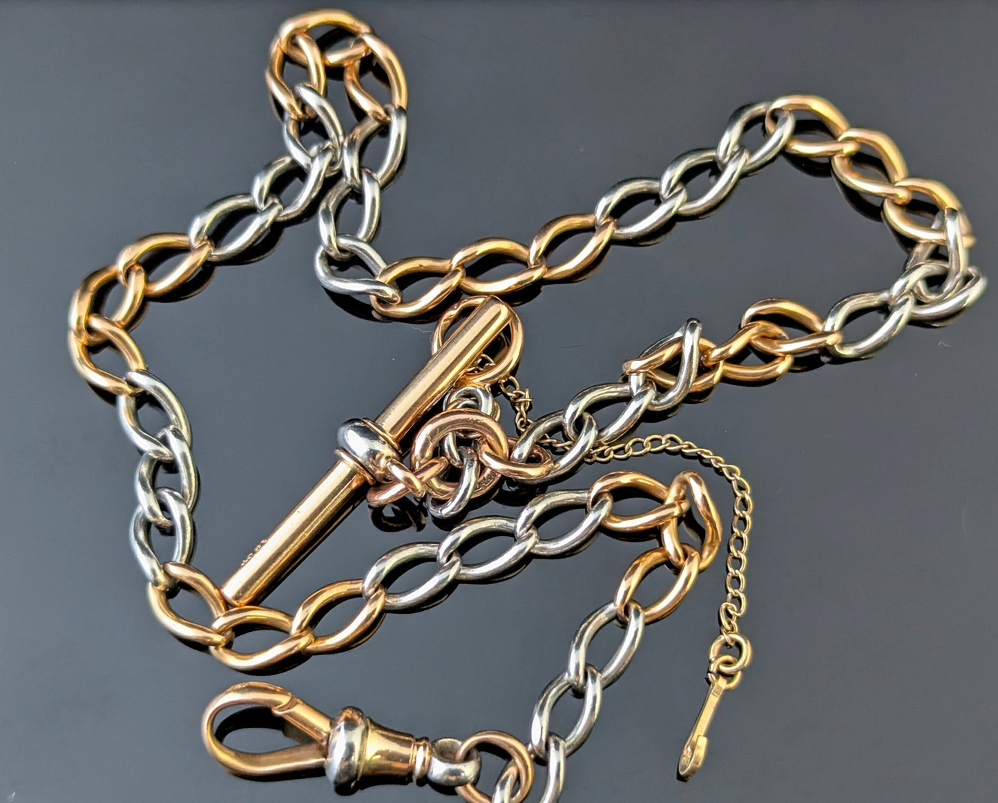 Antique 18ct rose gold and platinum Albert chain, watch chain necklace, Open curb link