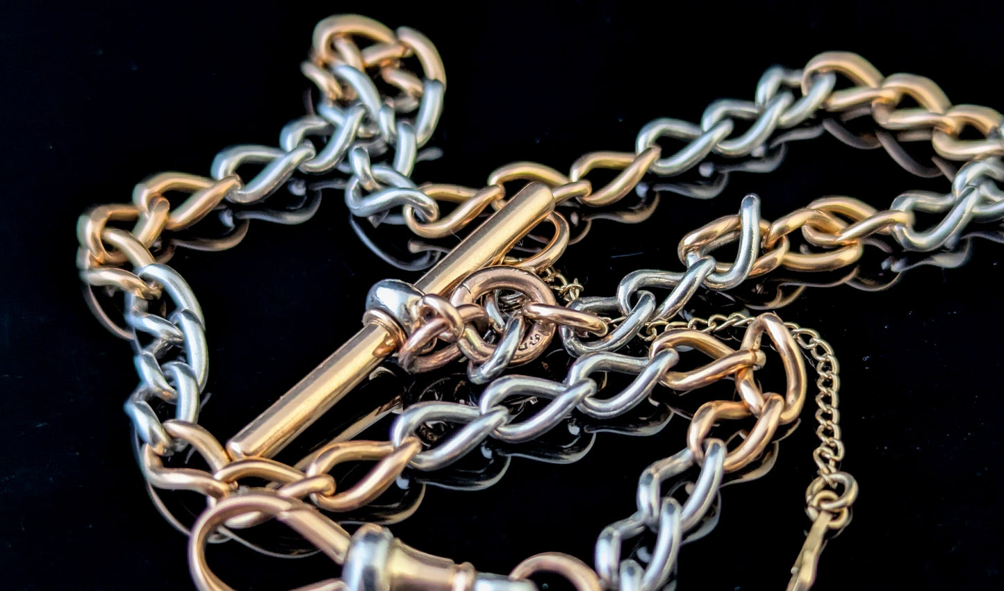 Antique 18ct rose gold and platinum Albert chain, watch chain necklace, Open curb link