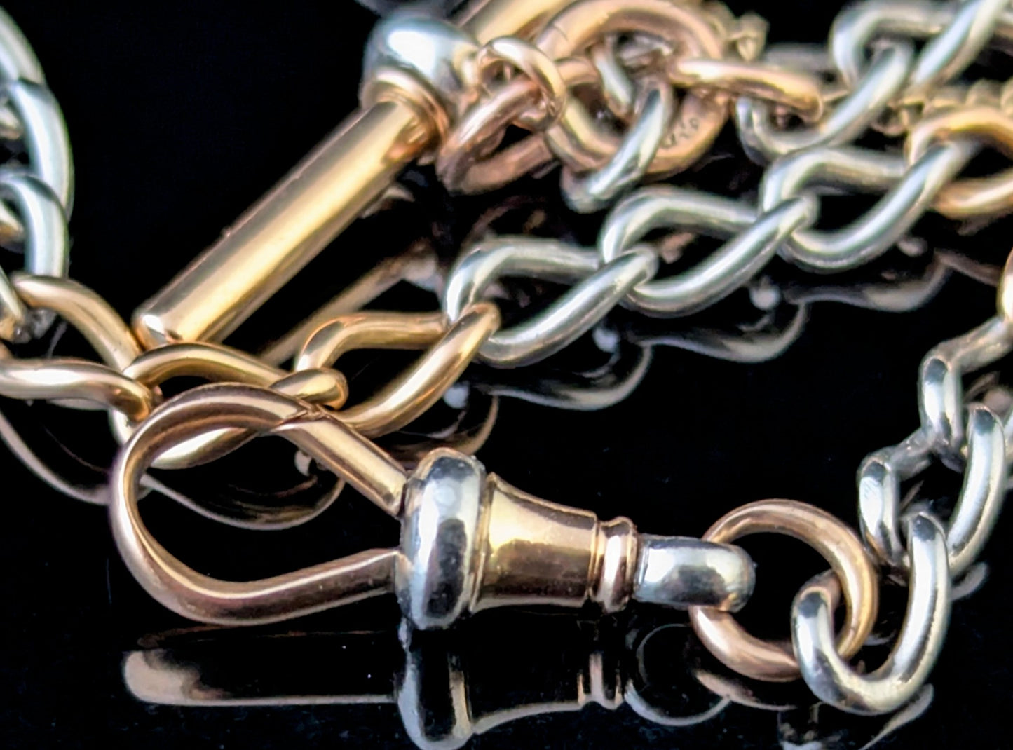 Antique 18ct rose gold and platinum Albert chain, watch chain necklace, Open curb link