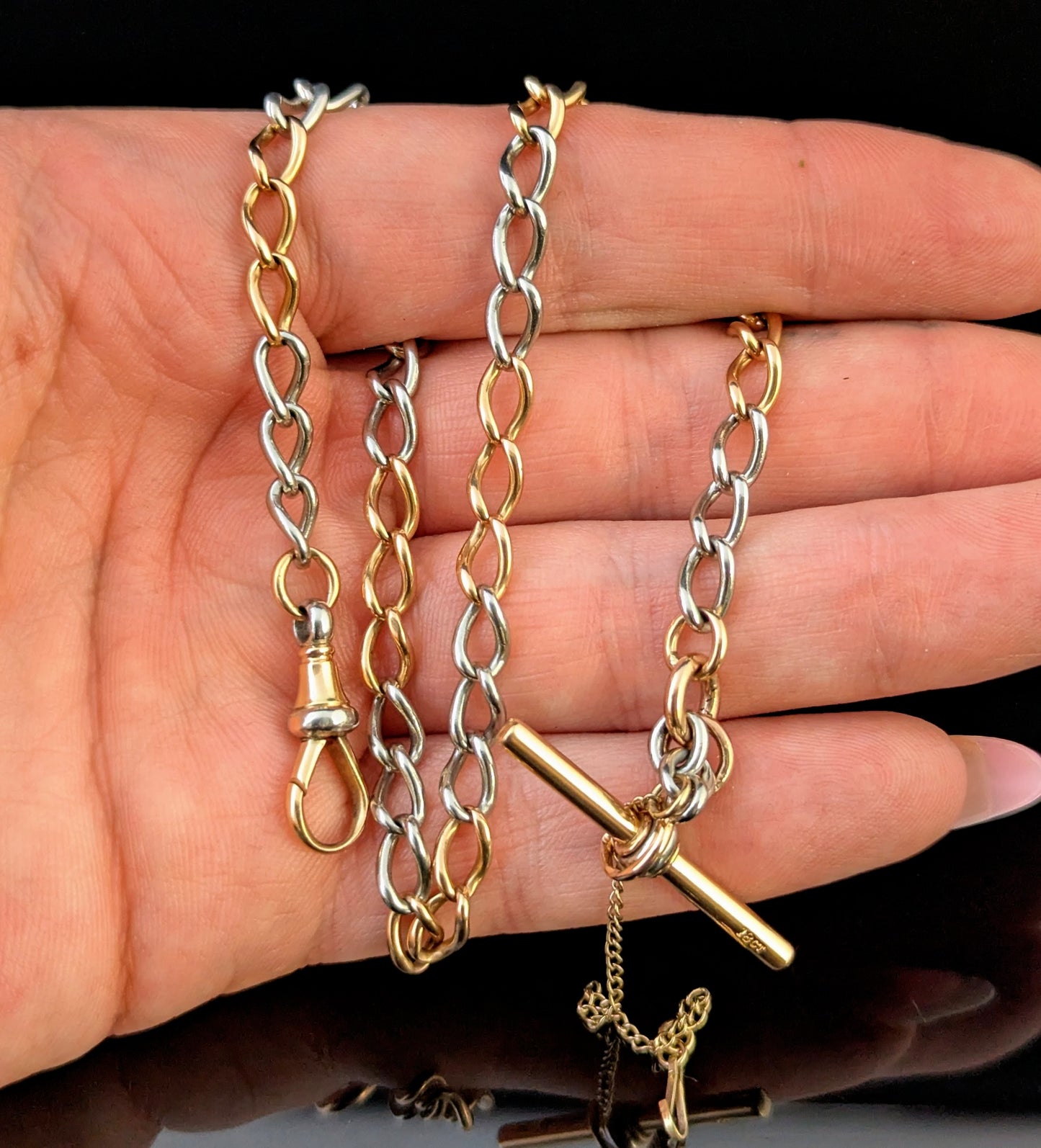 Antique 18ct rose gold and platinum Albert chain, watch chain necklace, Open curb link