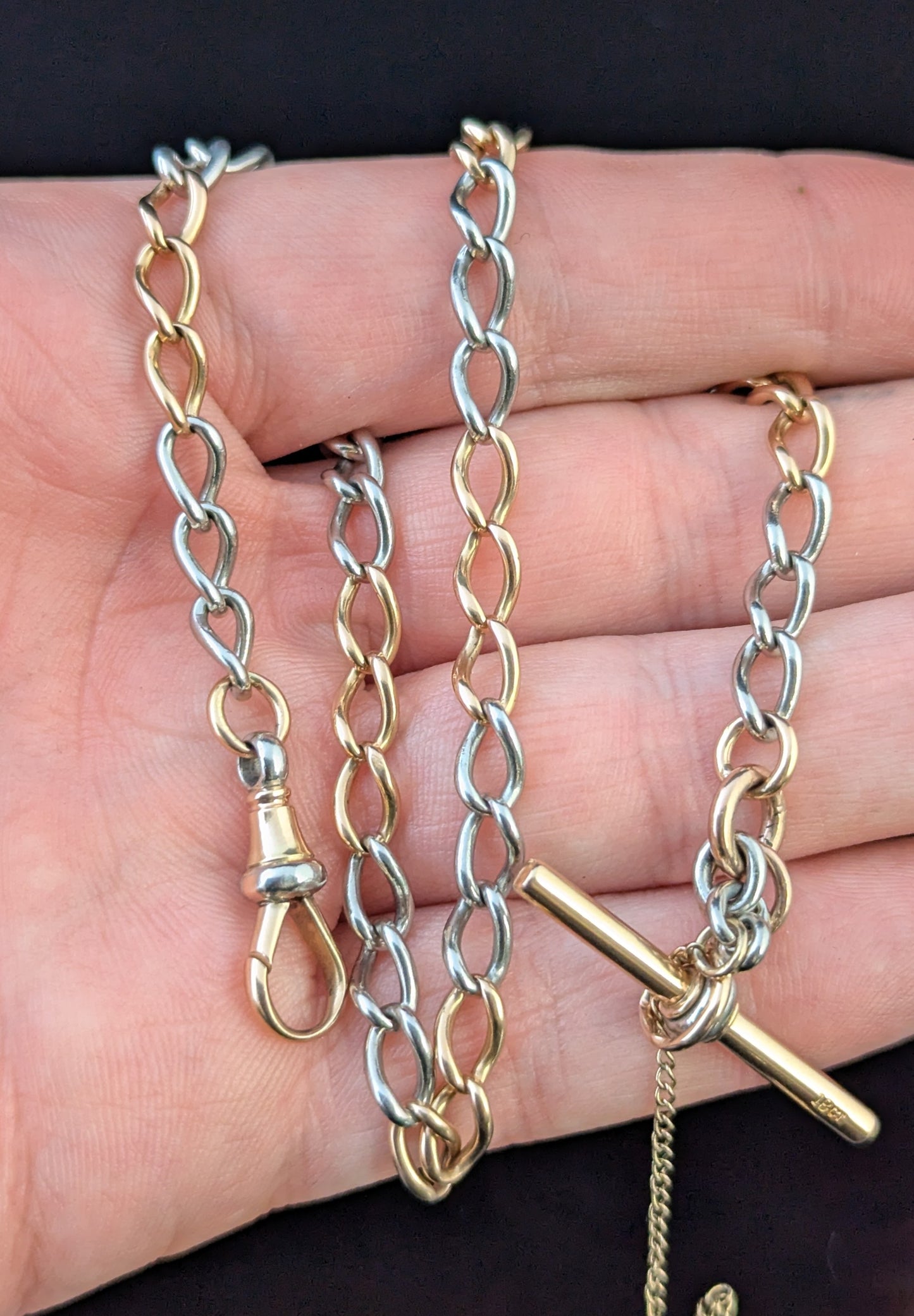 Antique 18ct rose gold and platinum Albert chain, watch chain necklace, Open curb link