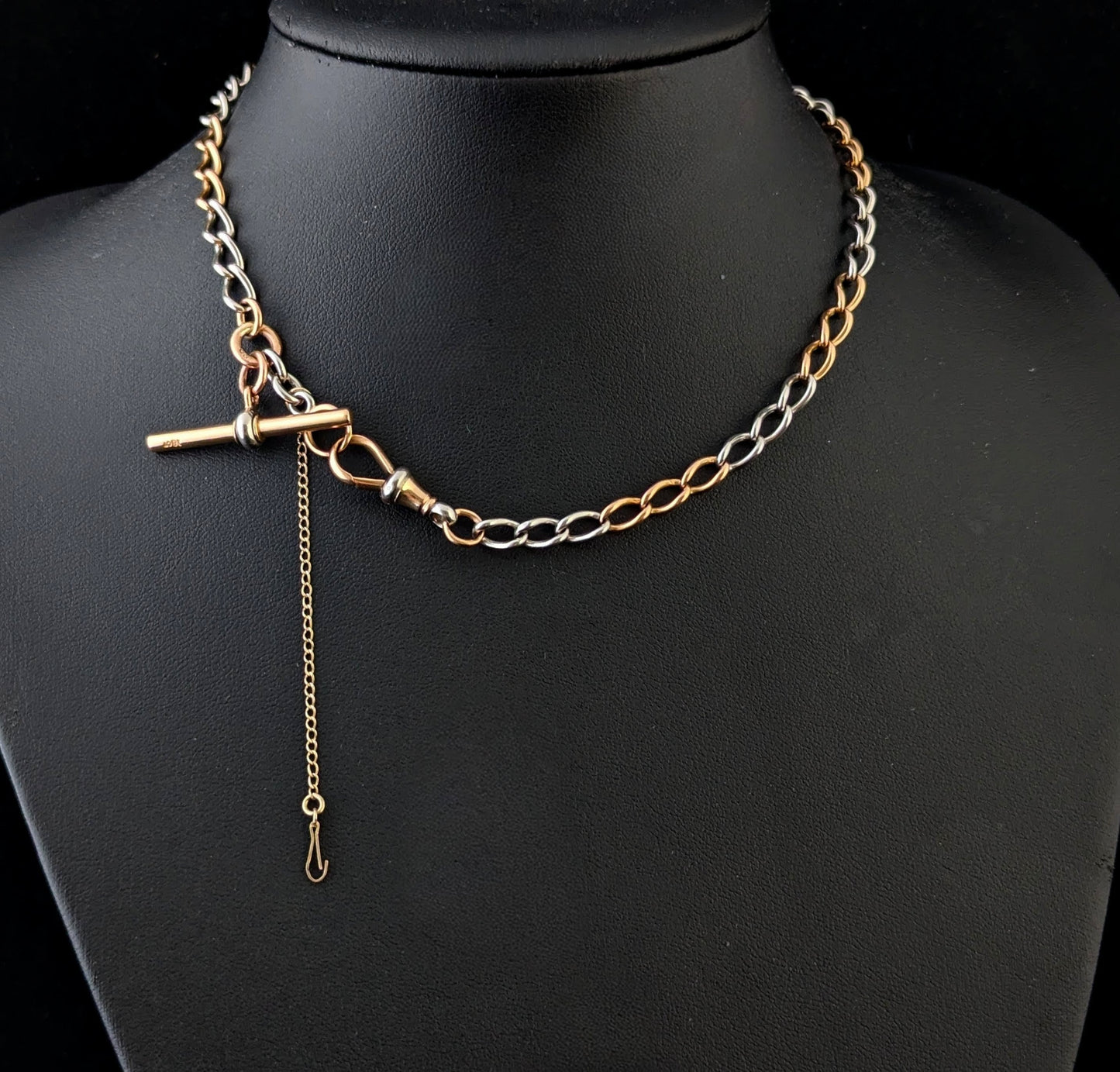 Antique 18ct rose gold and platinum Albert chain, watch chain necklace, Open curb link