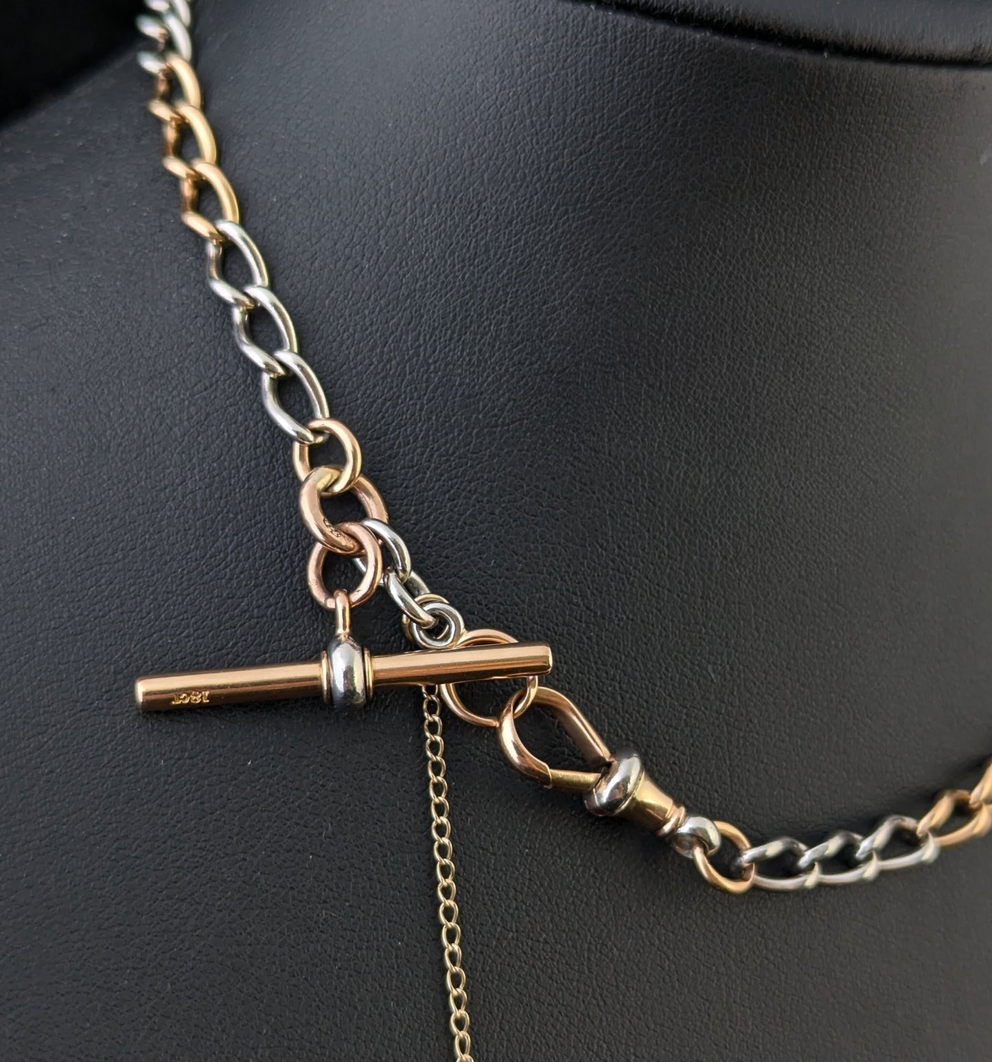 Antique 18ct rose gold and platinum Albert chain, watch chain necklace, Open curb link
