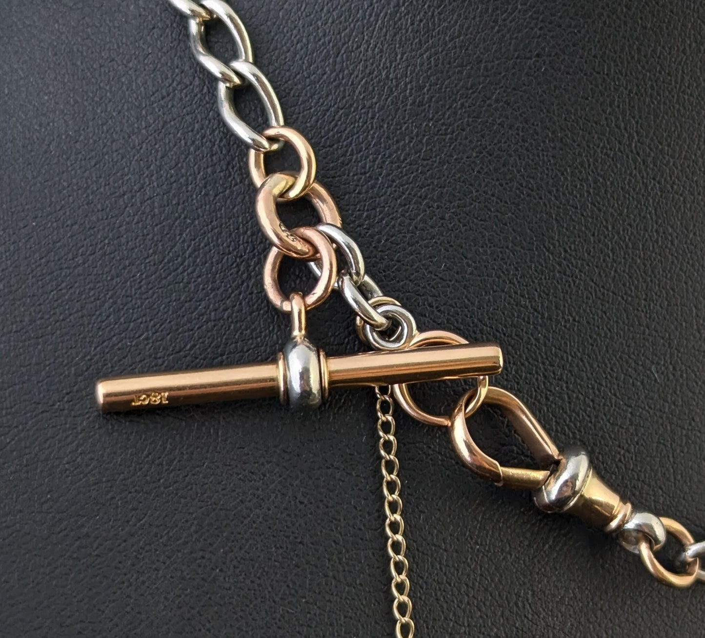 Antique 18ct rose gold and platinum Albert chain, watch chain necklace, Open curb link