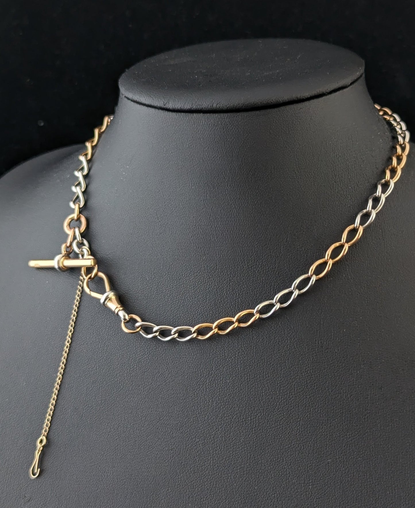 Antique 18ct rose gold and platinum Albert chain, watch chain necklace, Open curb link