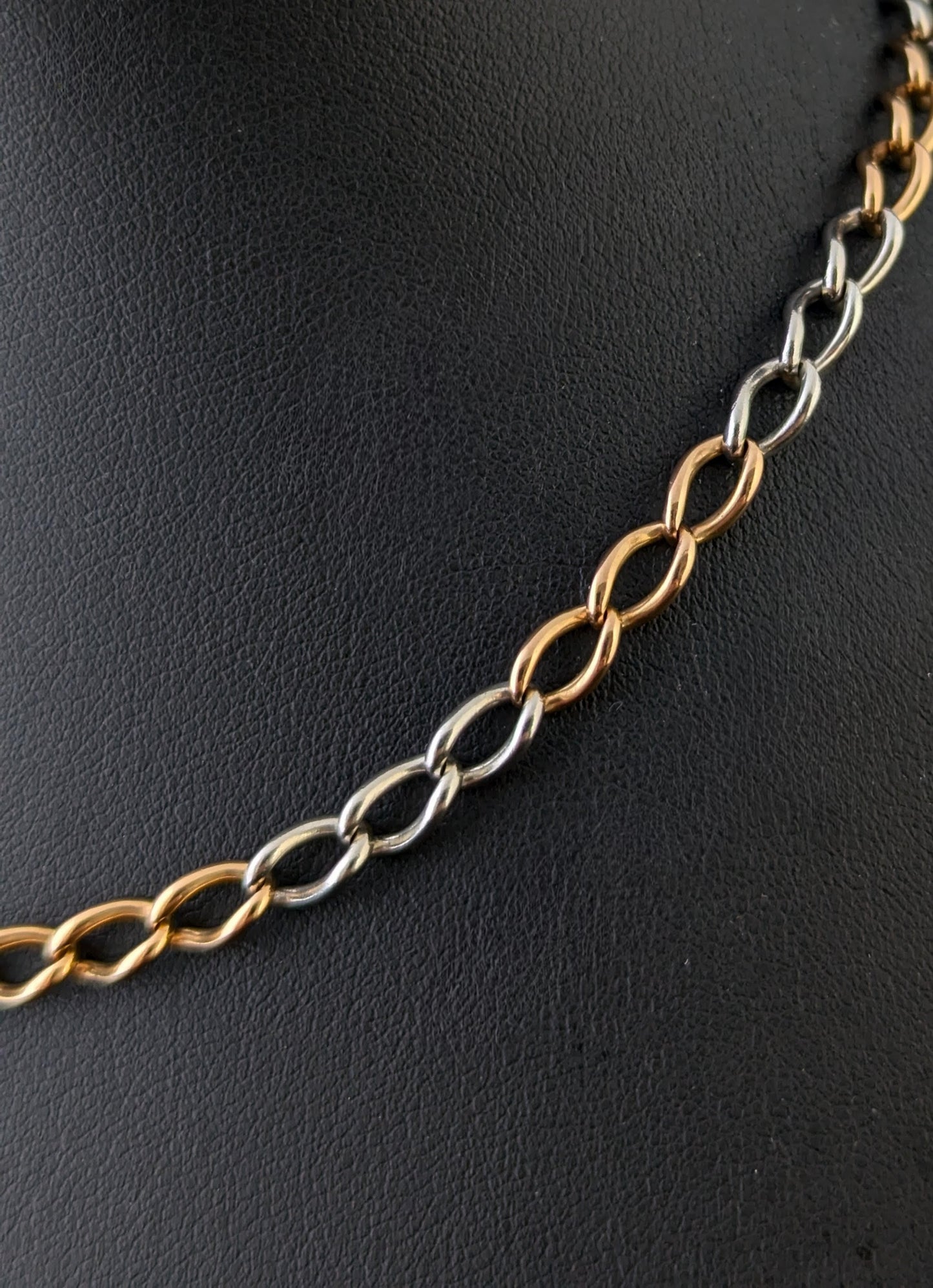 Antique 18ct rose gold and platinum Albert chain, watch chain necklace, Open curb link