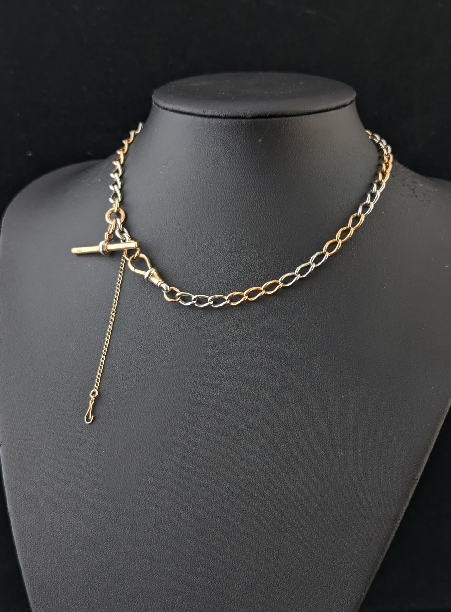 Antique 18ct rose gold and platinum Albert chain, watch chain necklace, Open curb link