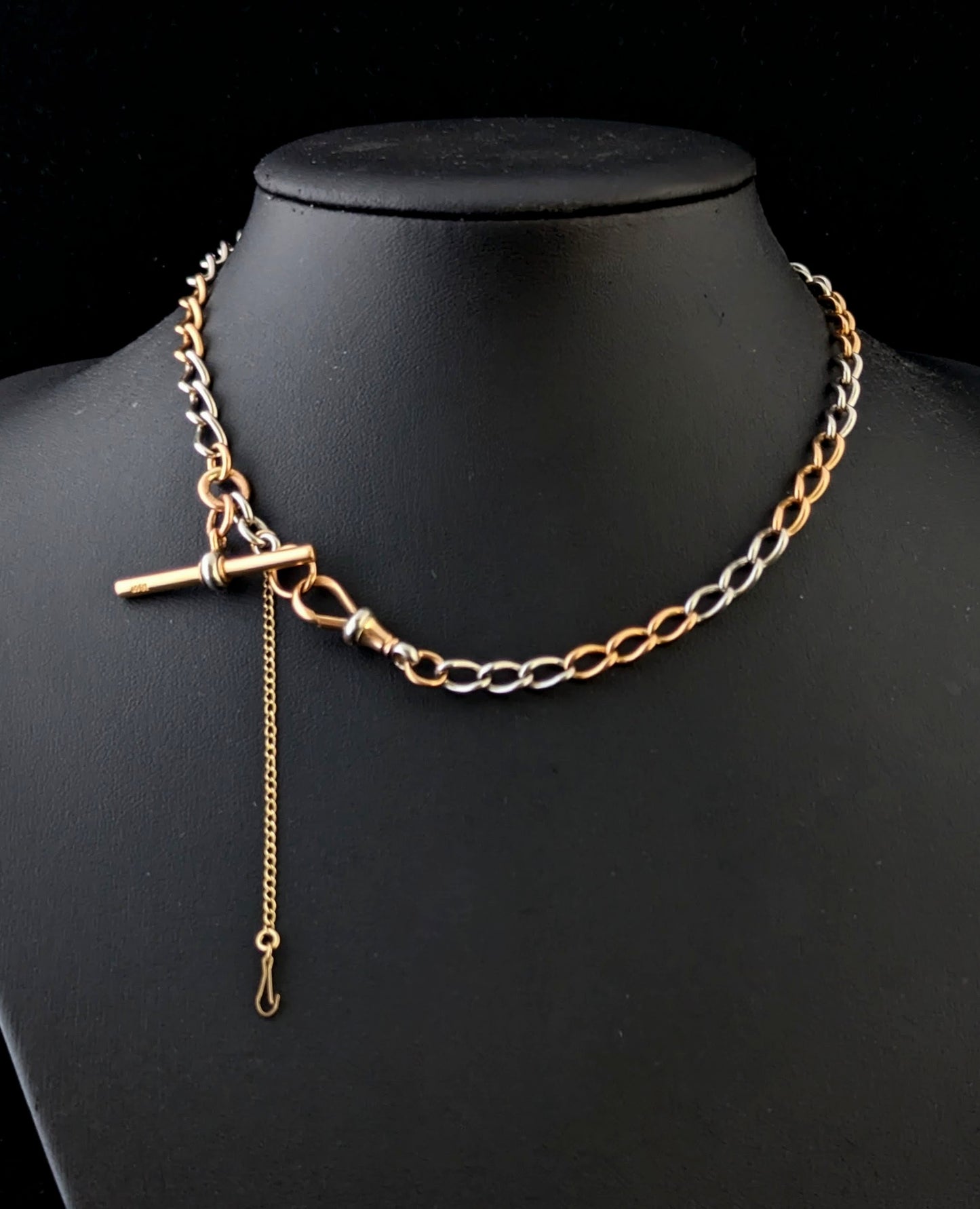 Antique 18ct rose gold and platinum Albert chain, watch chain necklace, Open curb link