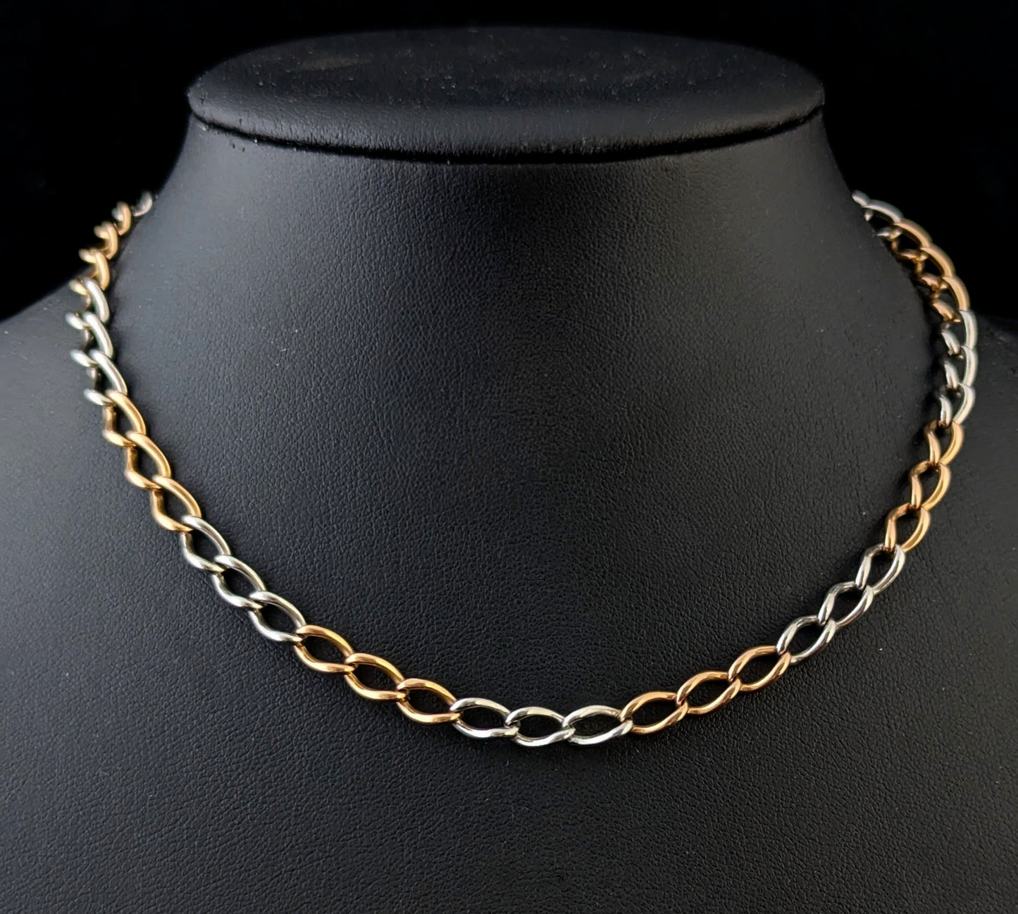 Antique 18ct rose gold and platinum Albert chain, watch chain necklace, Open curb link