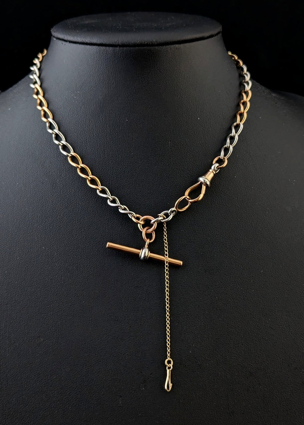 Antique 18ct rose gold and platinum Albert chain, watch chain necklace, Open curb link