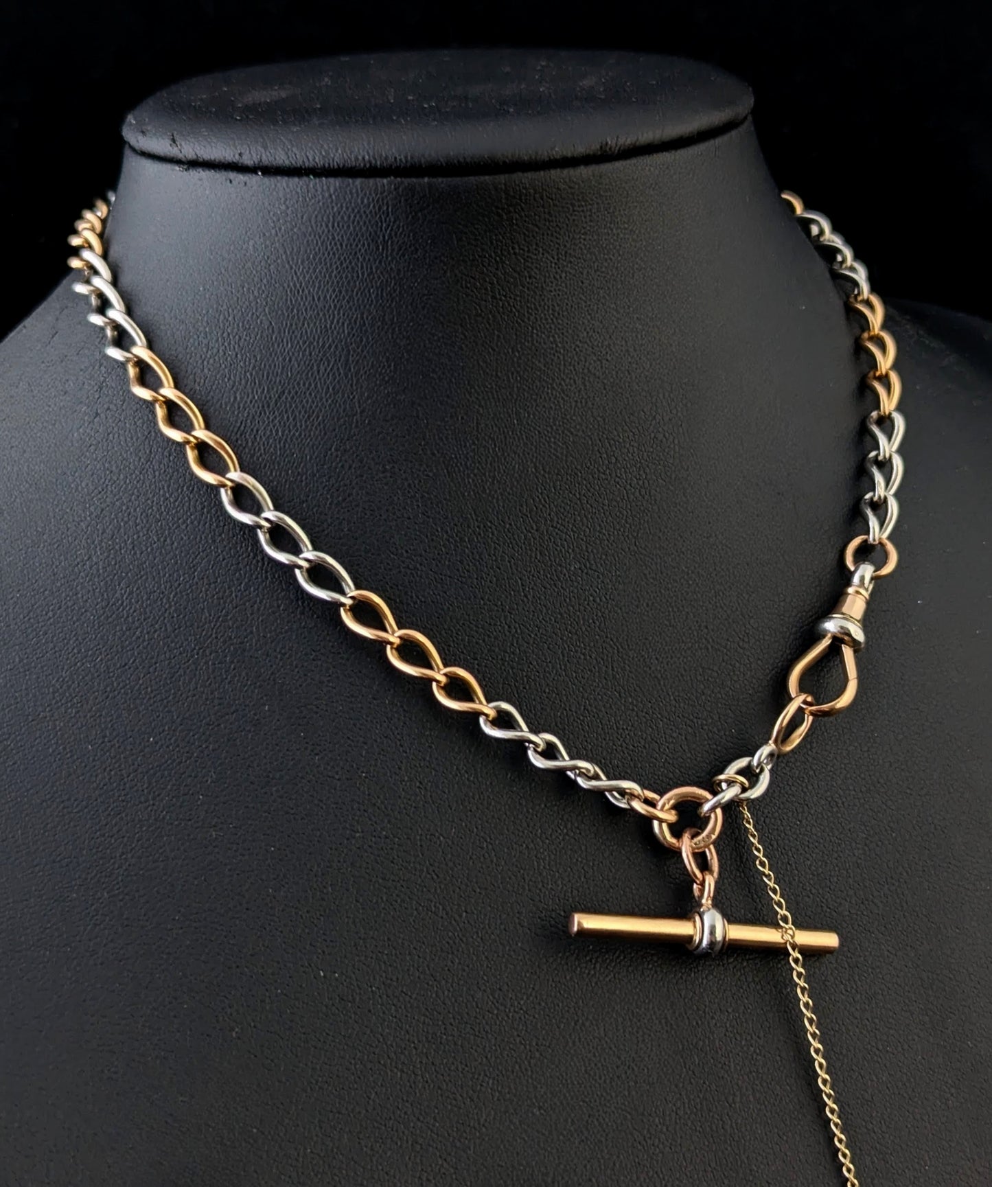 Antique 18ct rose gold and platinum Albert chain, watch chain necklace, Open curb link