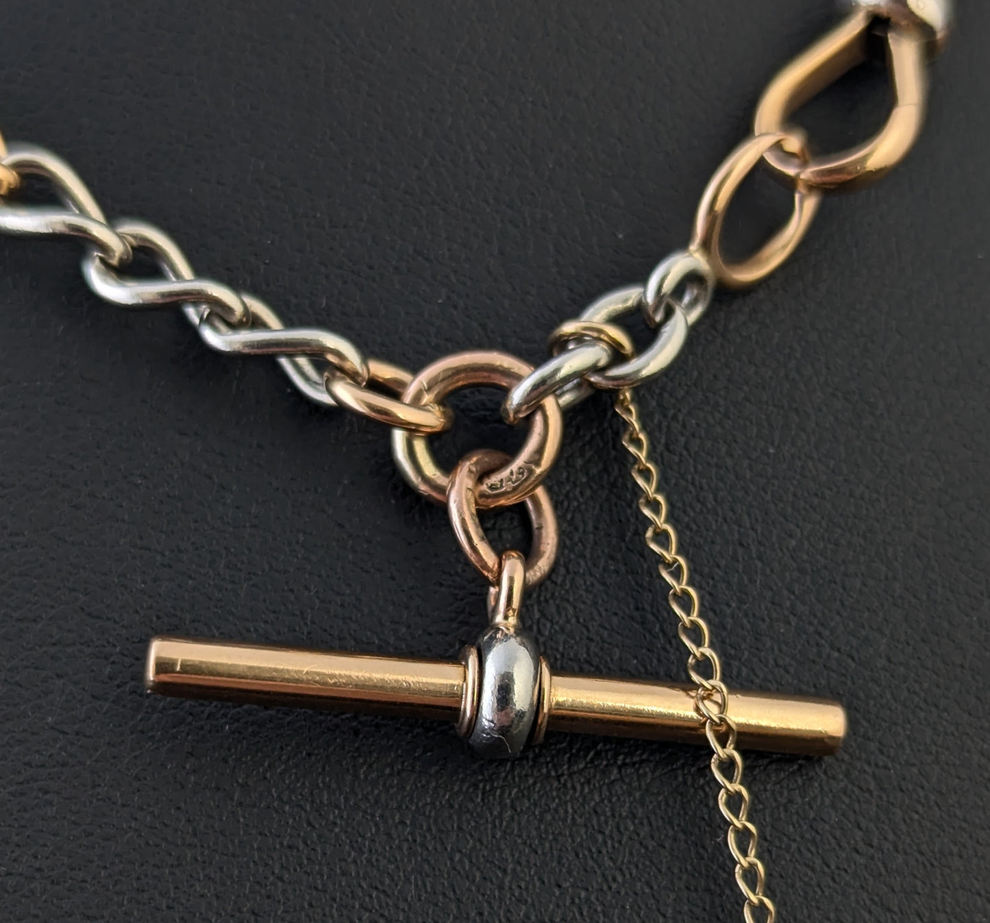 Antique 18ct rose gold and platinum Albert chain, watch chain necklace, Open curb link