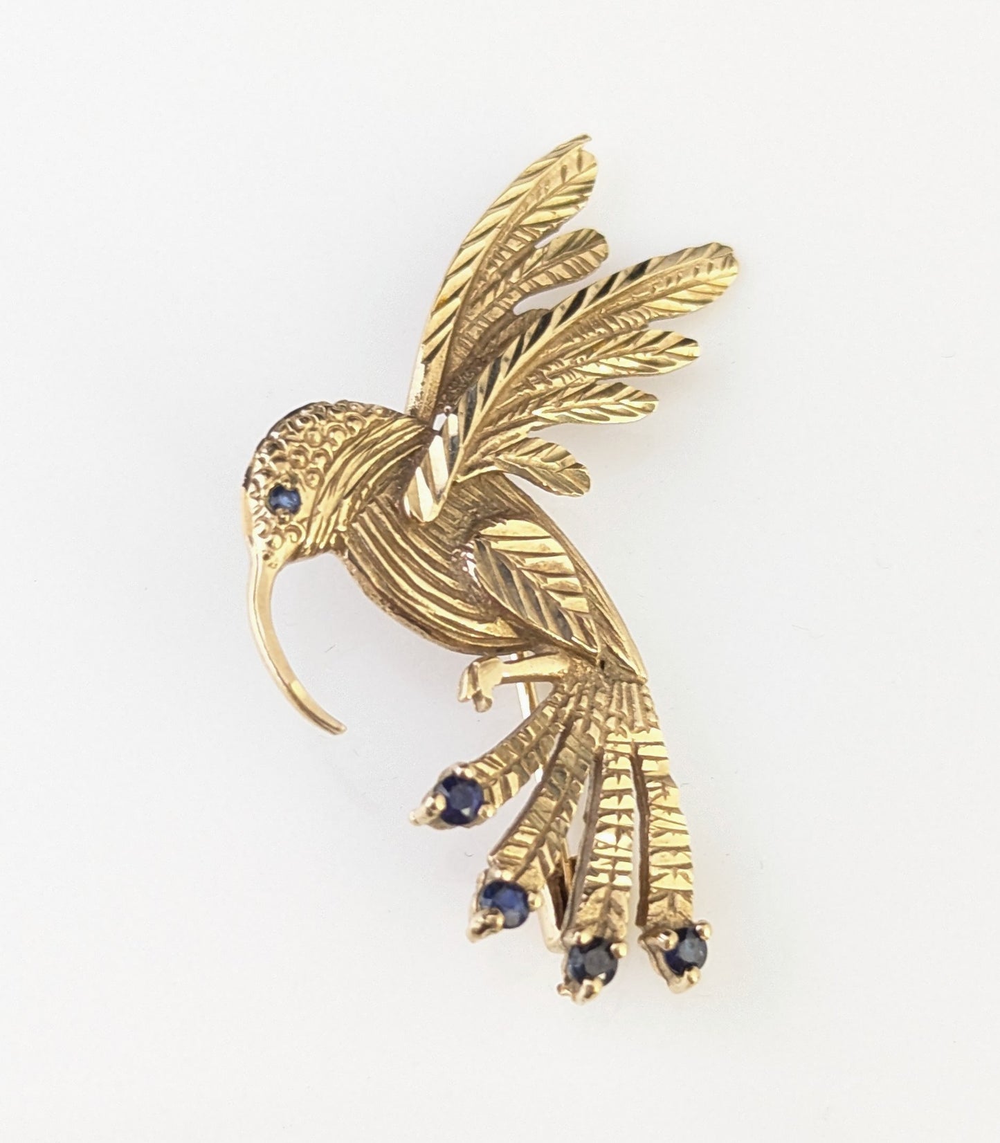 Vintage 9ct gold Sapphire bird brooch, Hummingbird
