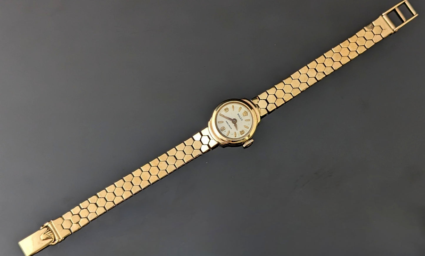 Vintage 9ct gold Ladies Rolex precision wristwatch, Bracelet strap