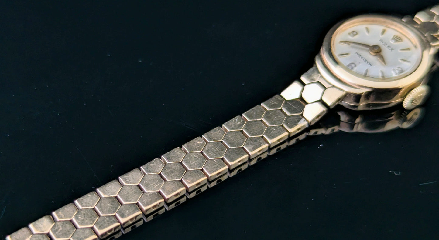 Vintage 9ct gold Ladies Rolex precision wristwatch, Bracelet strap