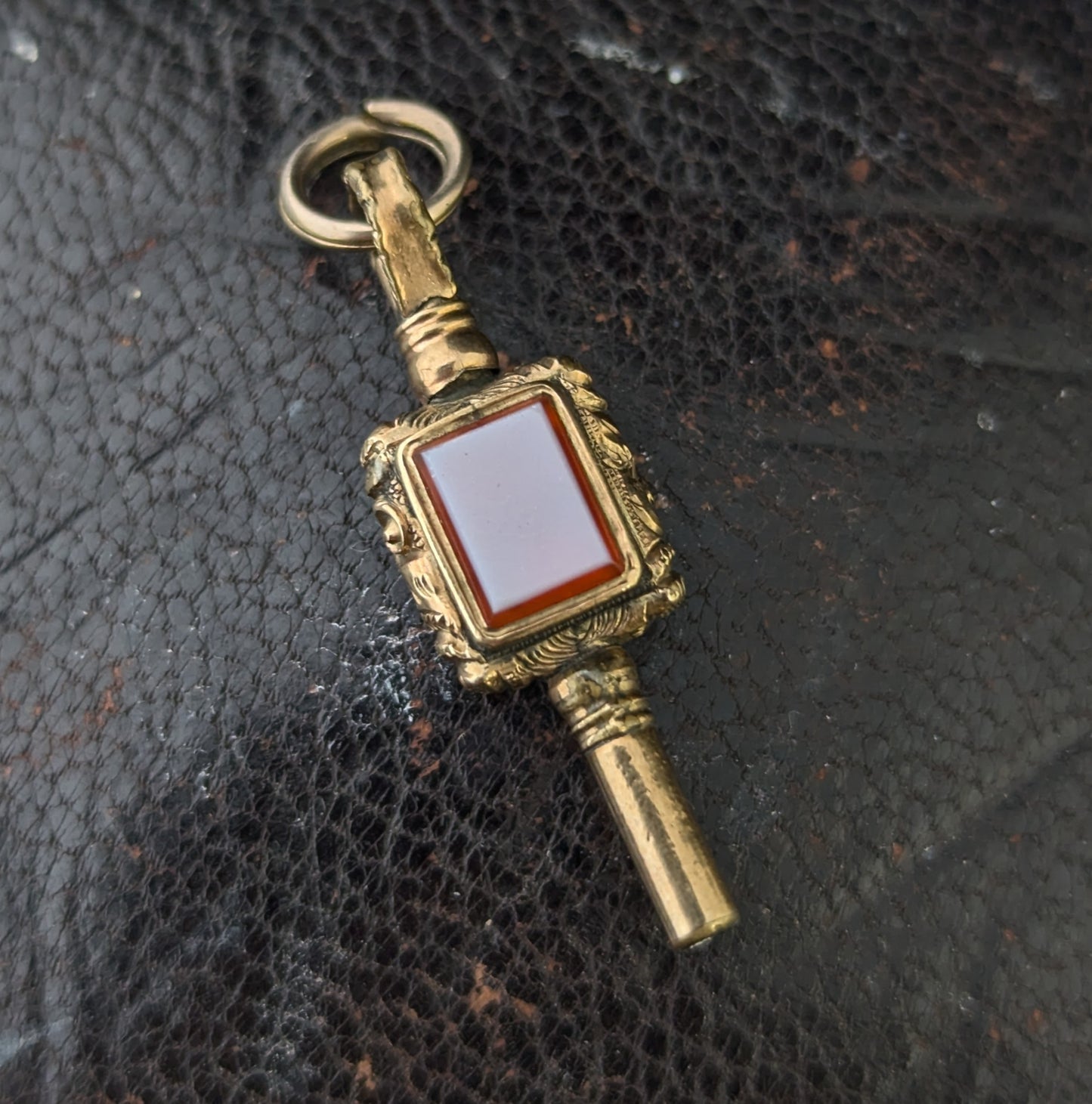 Antique 9ct gold cased watch key pendant, Foiled Paste and Sardonyx