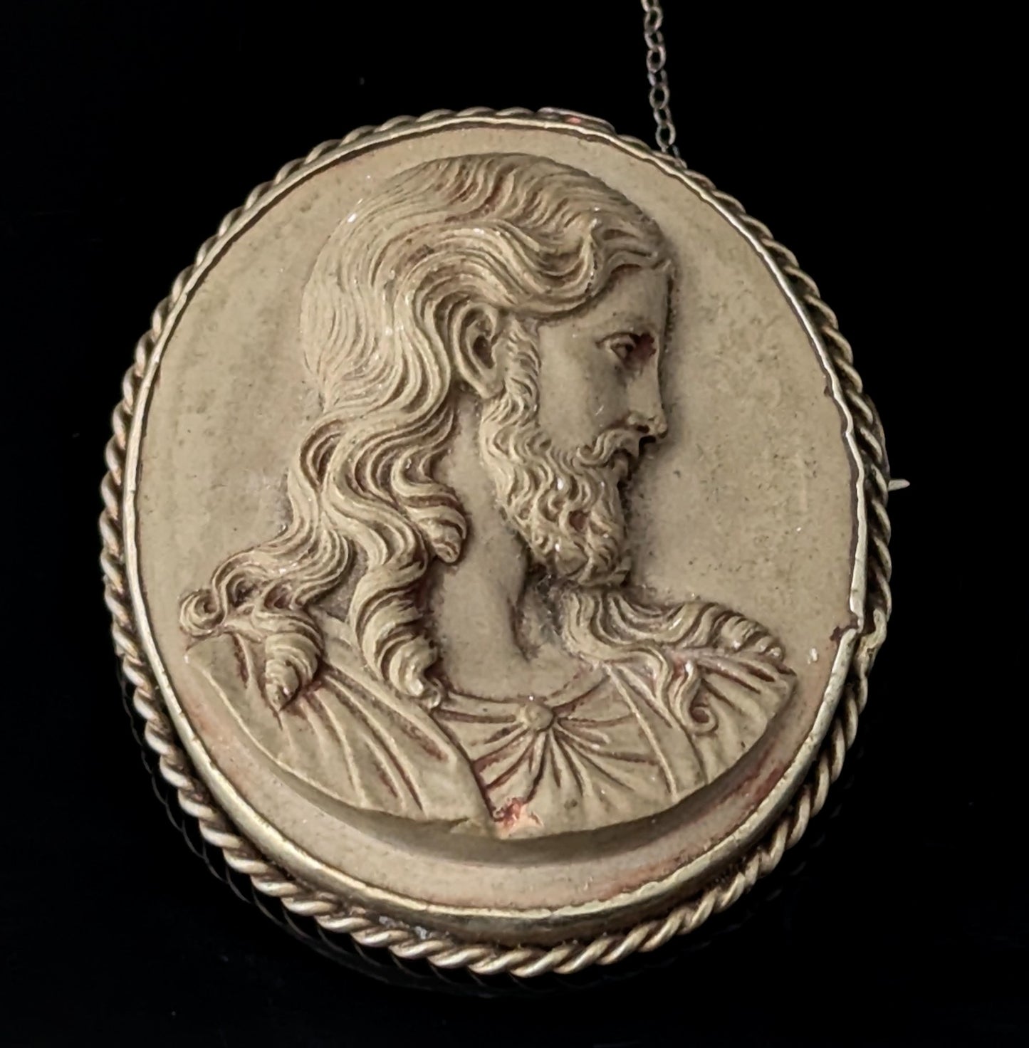 Rare Antique Lava Cameo brooch depicting Jesus, Silver mount