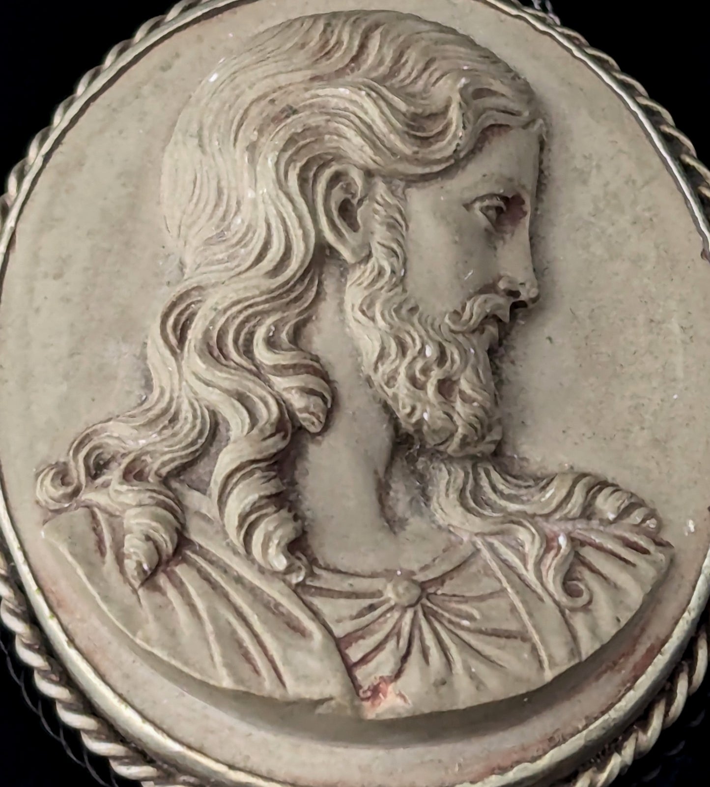 Rare Antique Lava Cameo brooch depicting Jesus, Silver mount