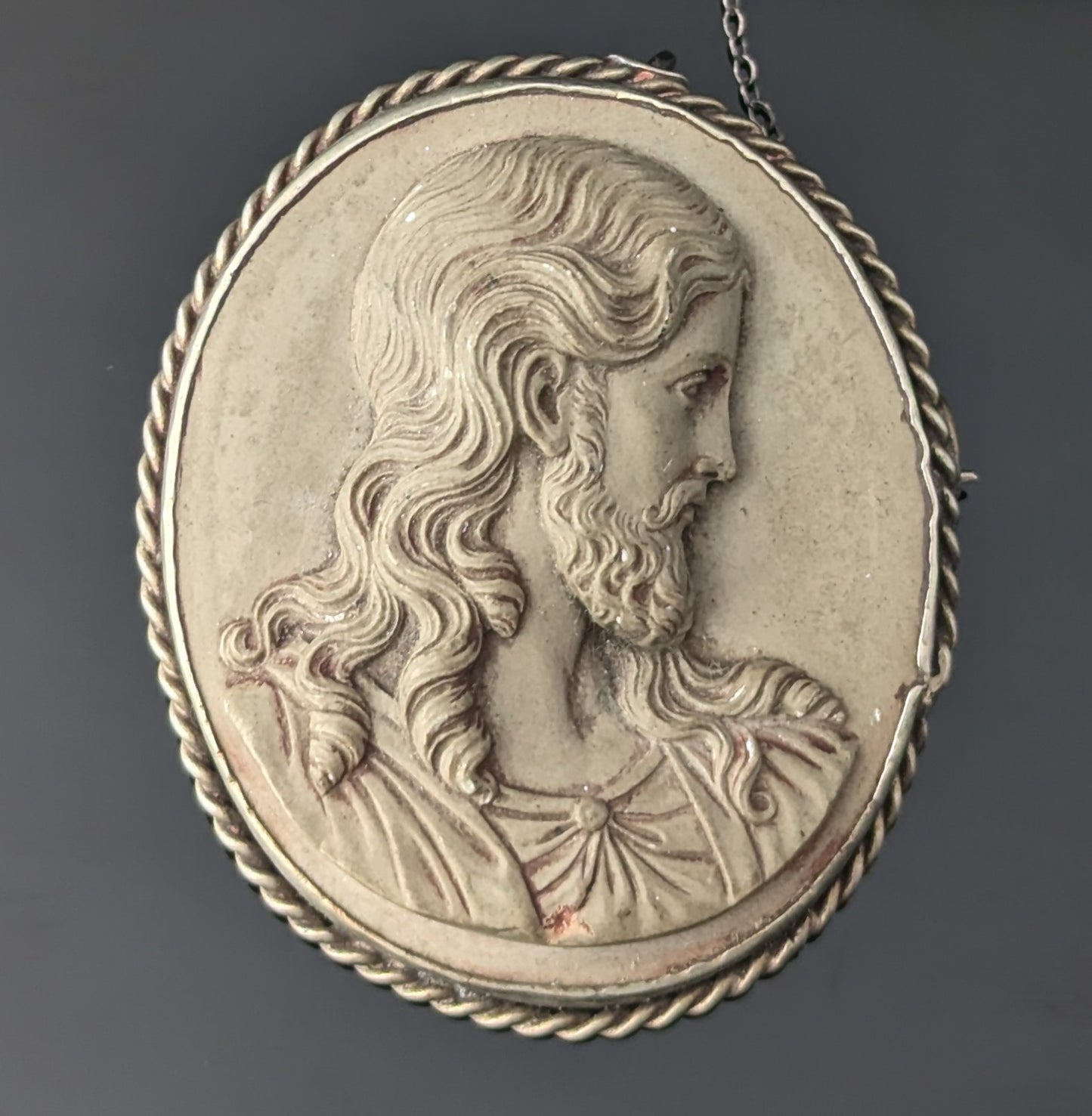Rare Antique Lava Cameo brooch depicting Jesus, Silver mount