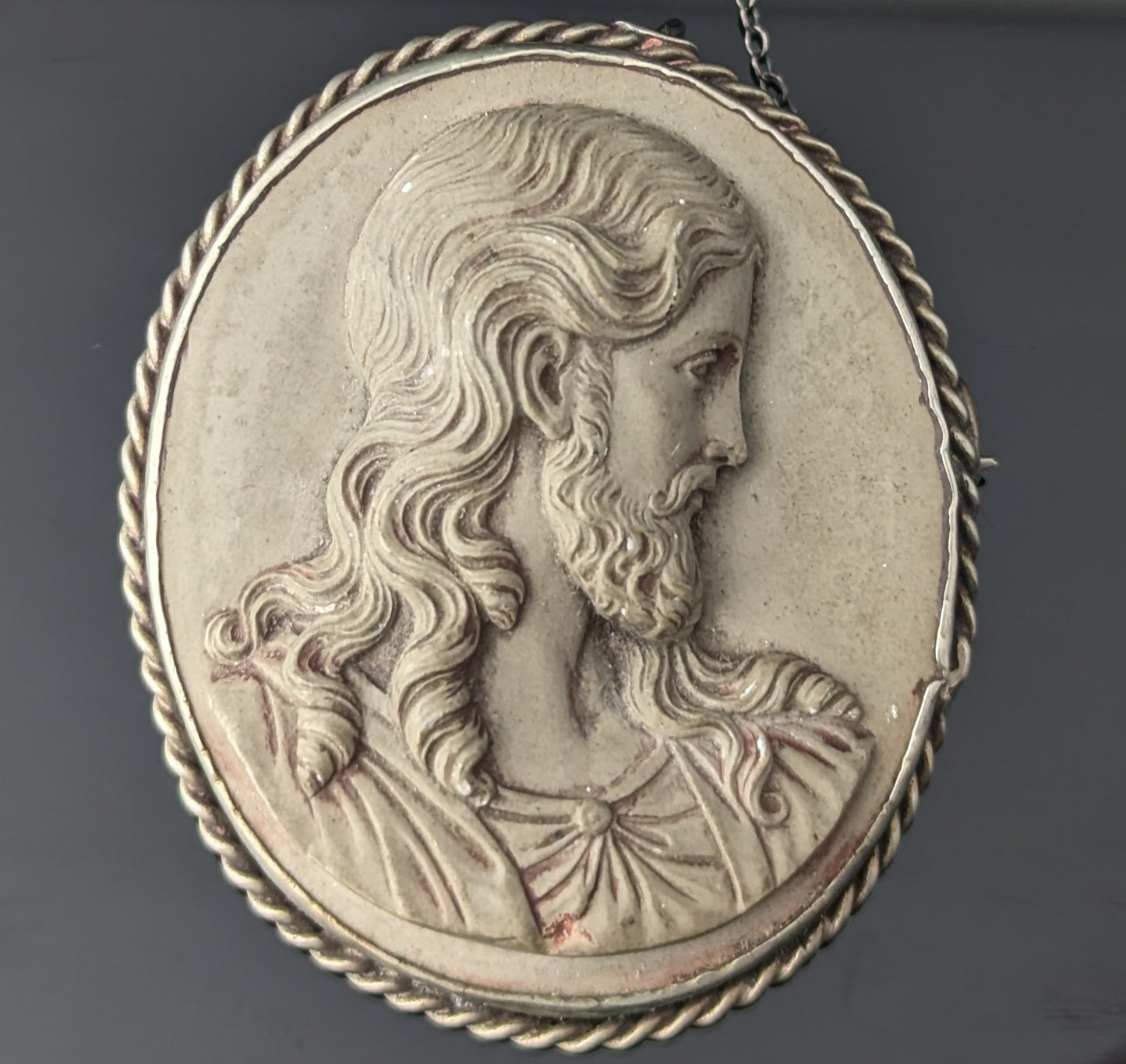 Rare Antique Lava Cameo brooch depicting Jesus, Silver mount