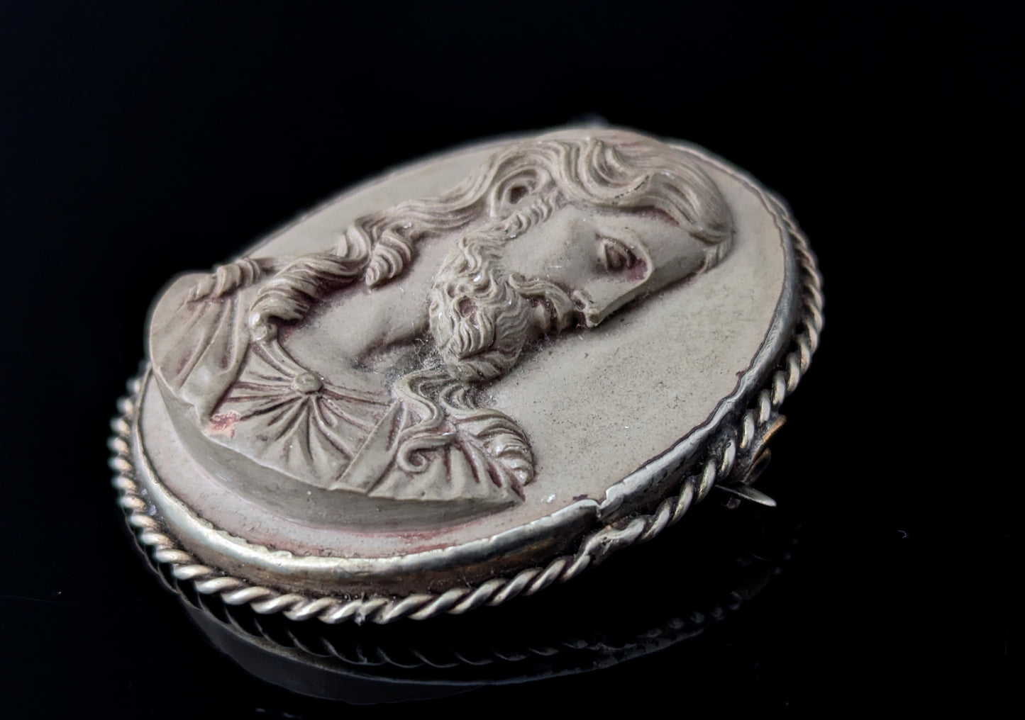 Rare Antique Lava Cameo brooch depicting Jesus, Silver mount