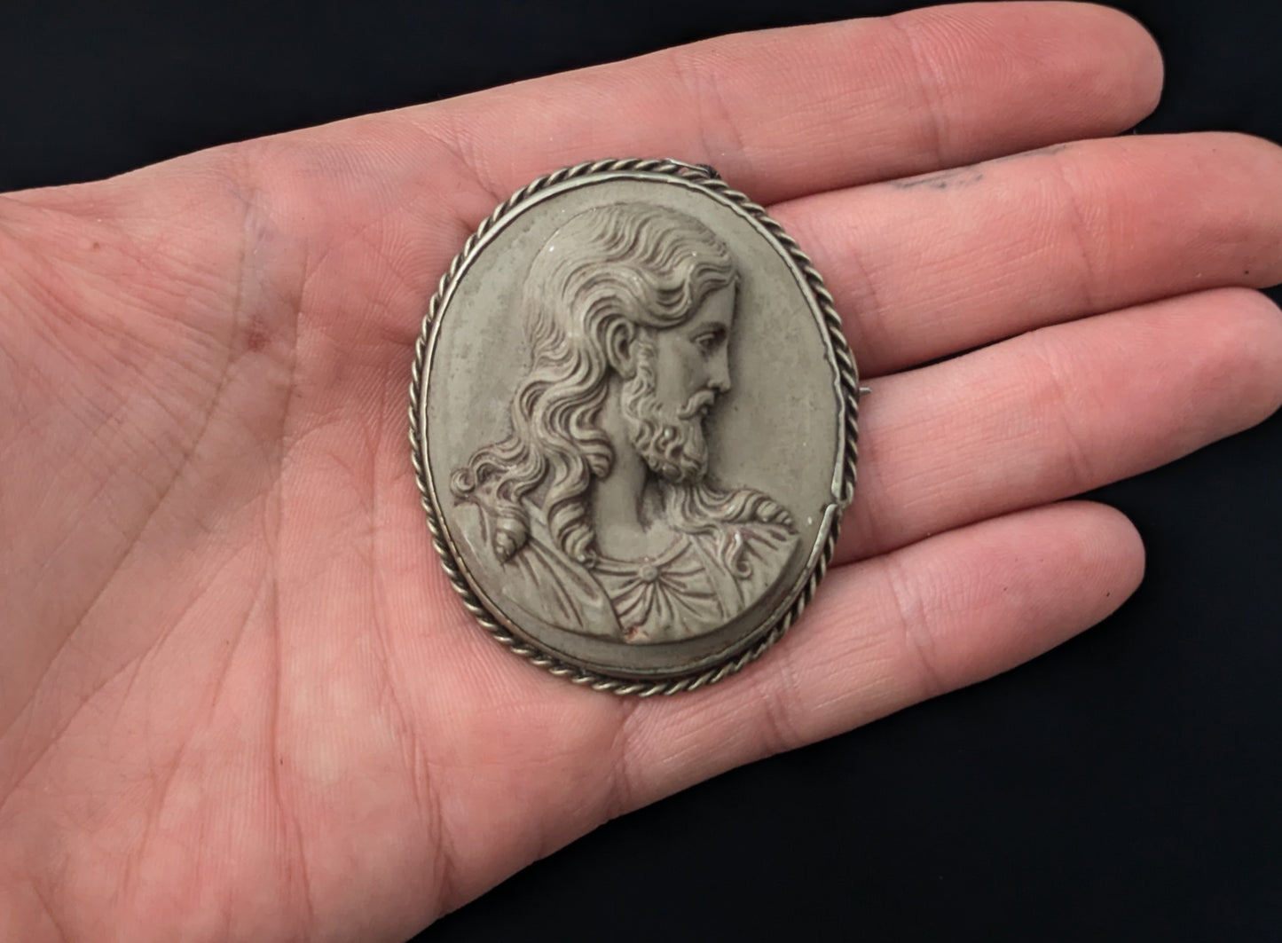Rare Antique Lava Cameo brooch depicting Jesus, Silver mount