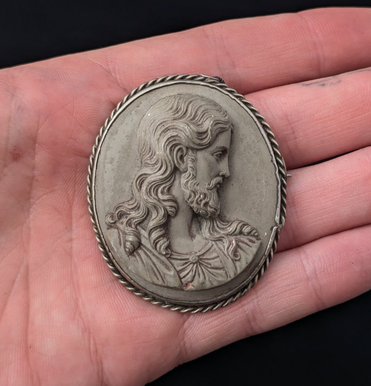 Rare Antique Lava Cameo brooch depicting Jesus, Silver mount