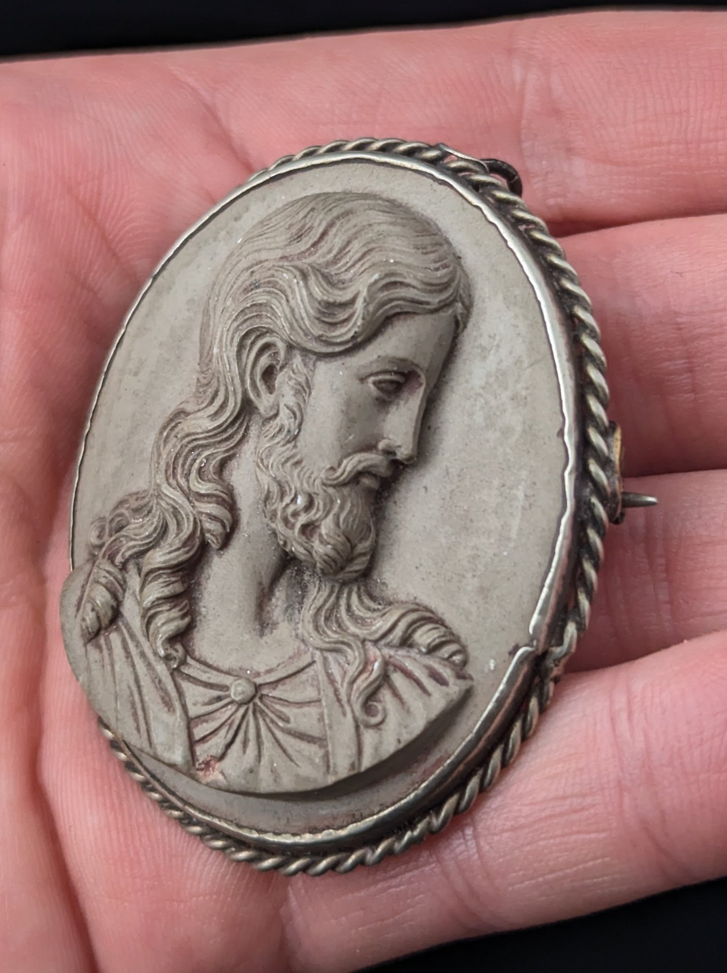 Rare Antique Lava Cameo brooch depicting Jesus, Silver mount