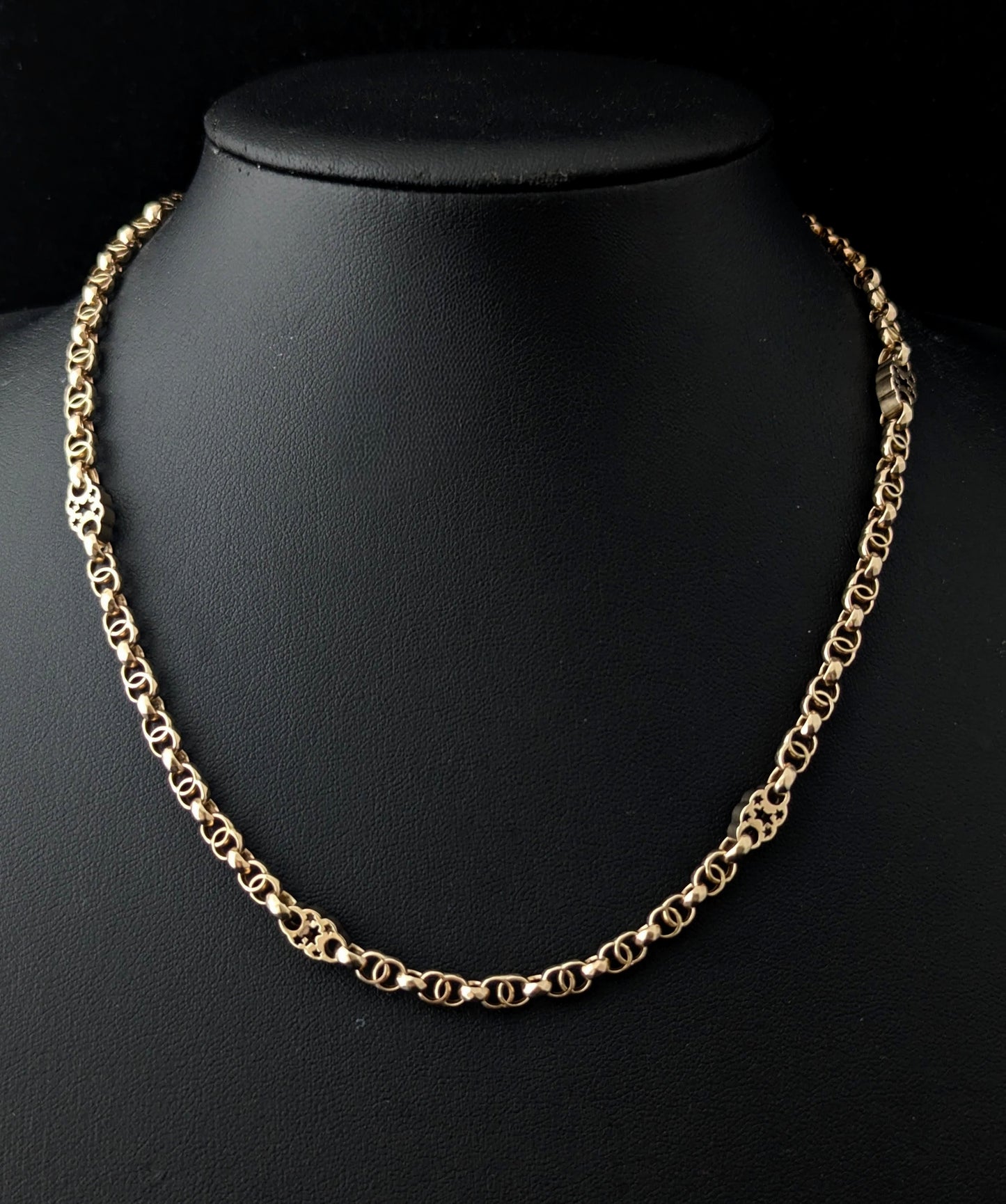 Antique 9ct gold fancy link chain necklace, Rolo link