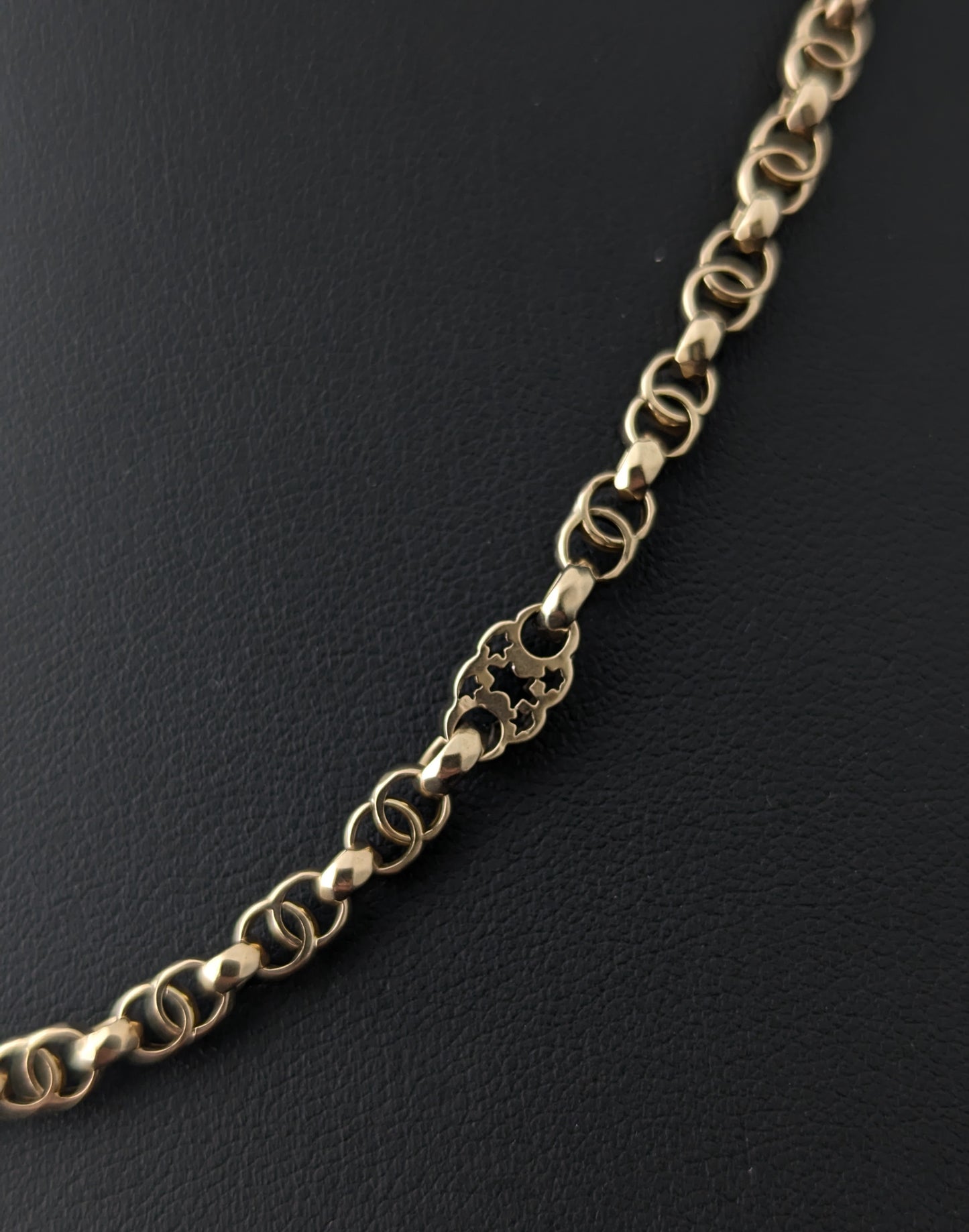 Antique 9ct gold fancy link chain necklace, Rolo link
