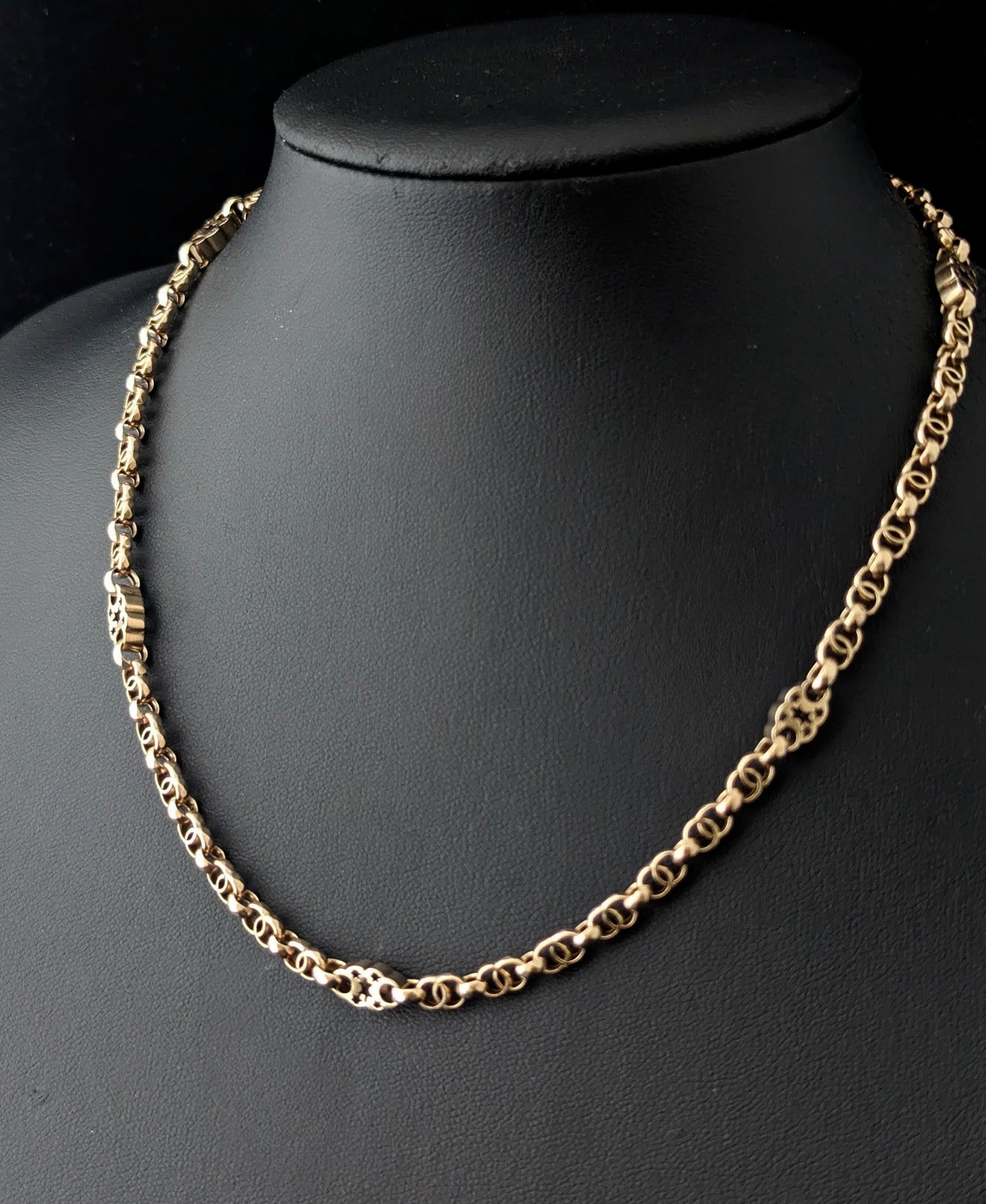 Antique 9ct gold fancy link chain necklace, Rolo link