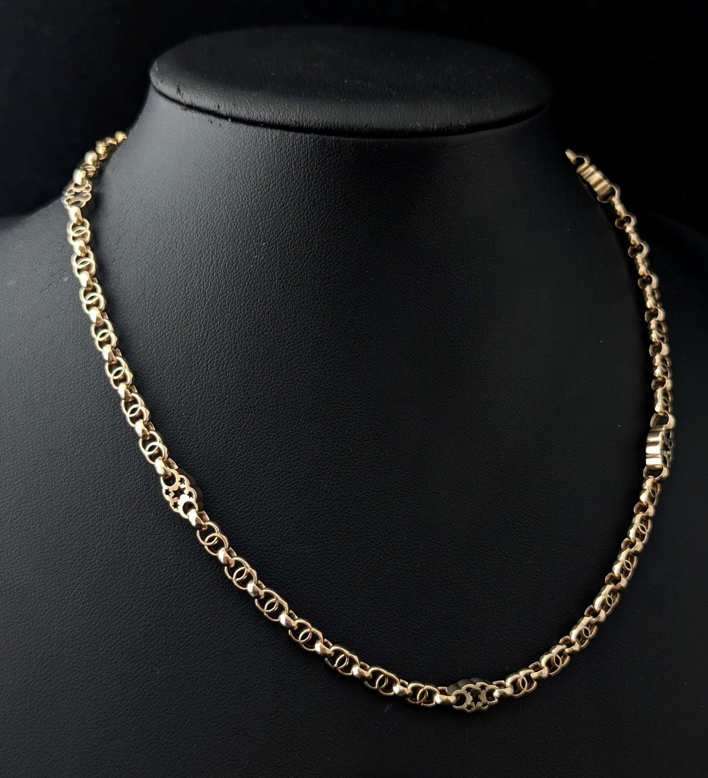 Antique 9ct gold fancy link chain necklace, Rolo link