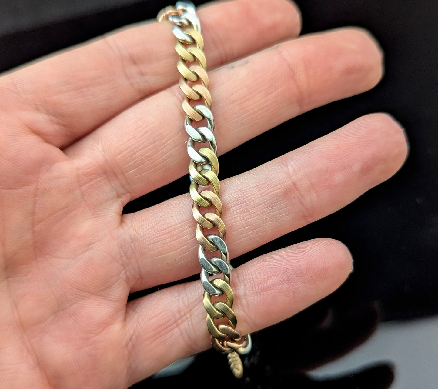 Vintage 9ct three colour gold curb link bracelet, solid