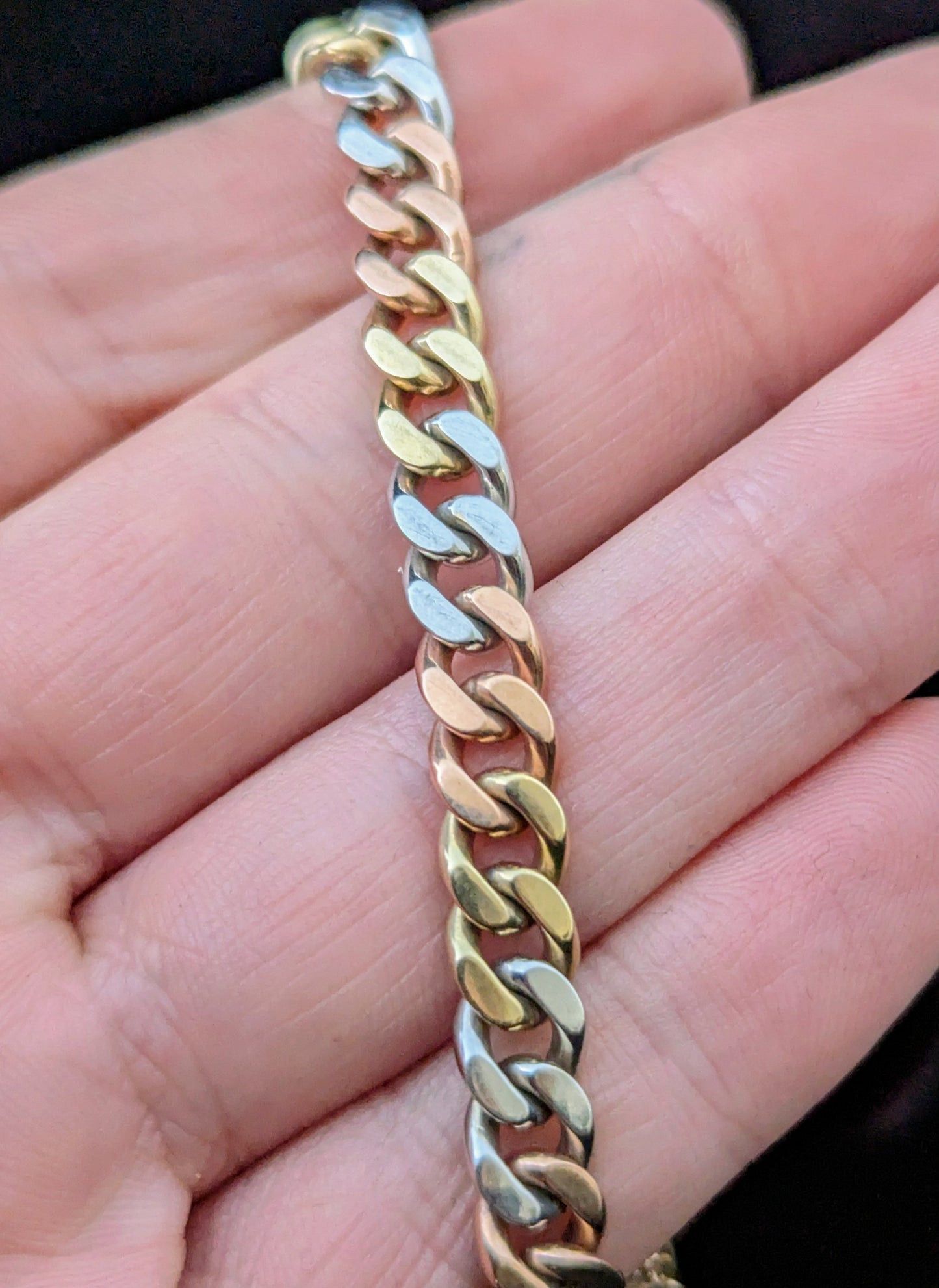 Vintage 9ct three colour gold curb link bracelet, solid
