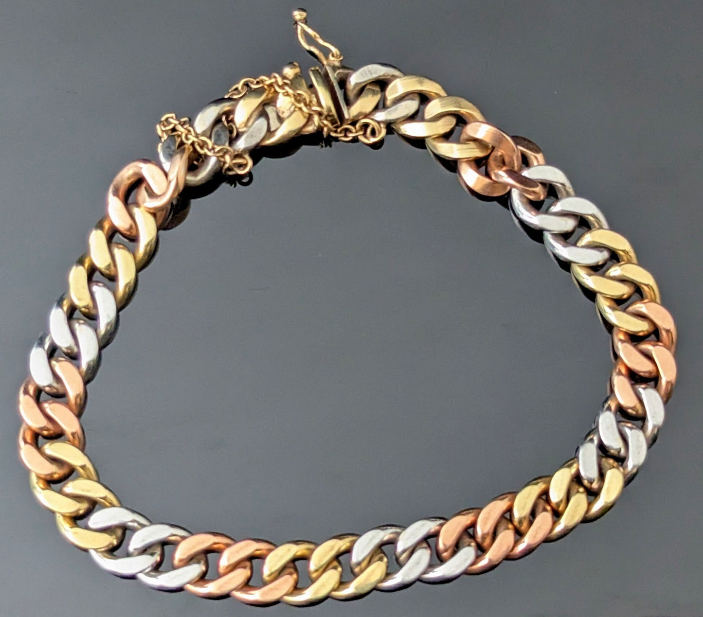 Vintage 9ct three colour gold curb link bracelet, solid