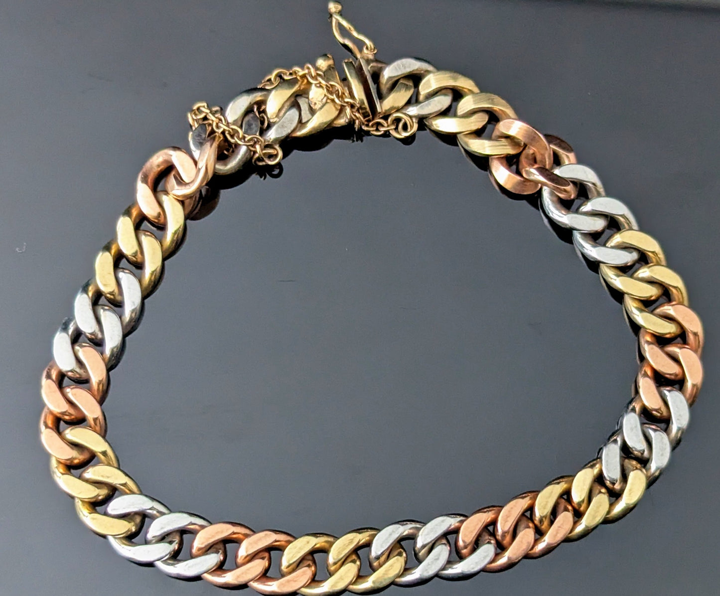 Vintage 9ct three colour gold curb link bracelet, solid