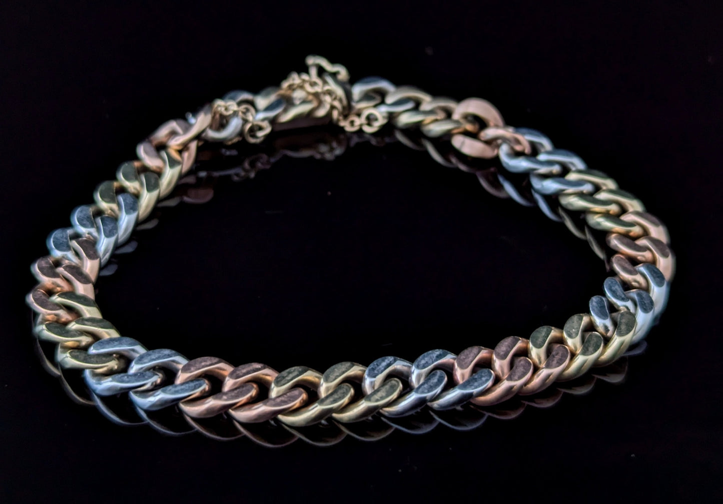 Vintage 9ct three colour gold curb link bracelet, solid