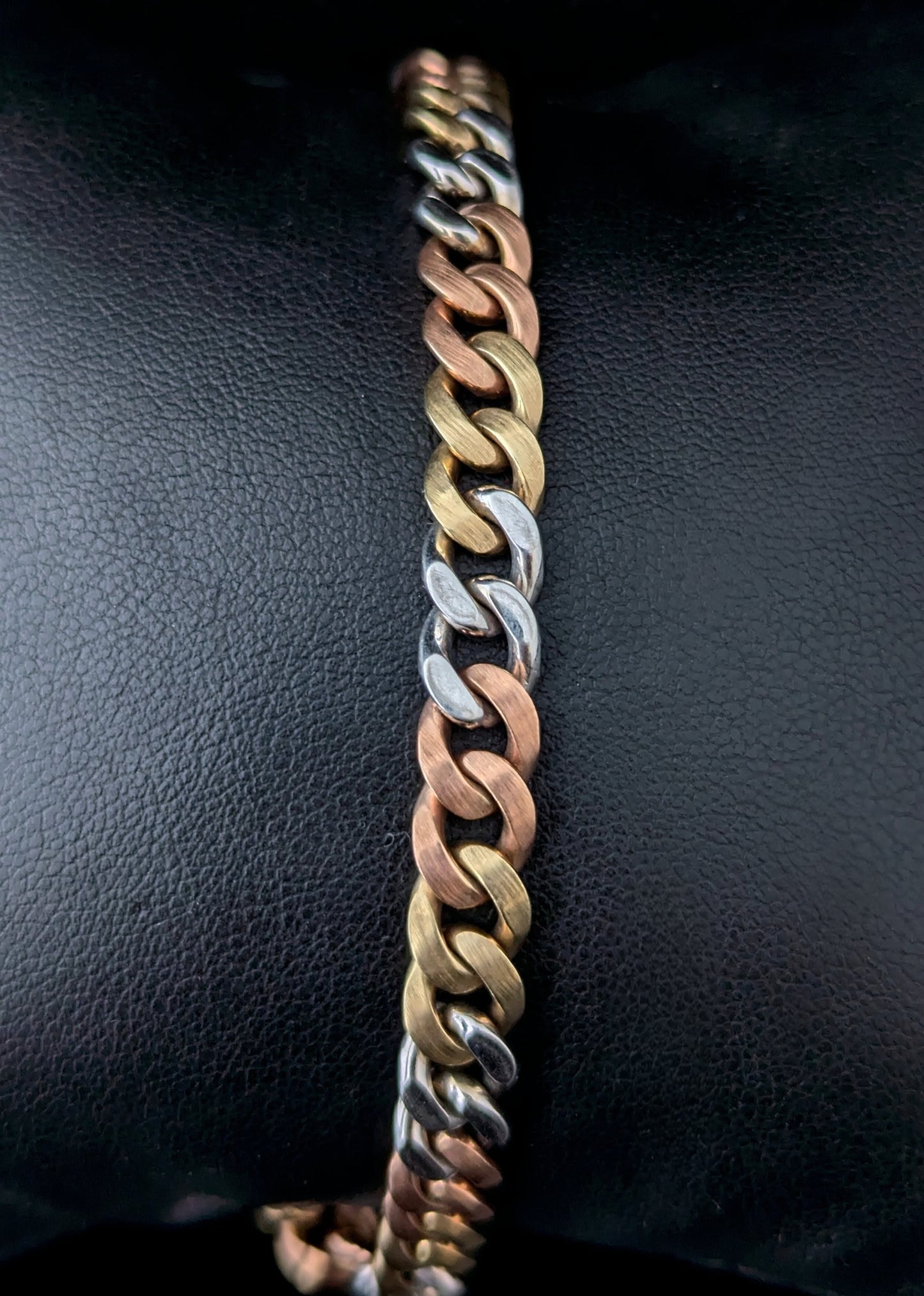 Vintage 9ct three colour gold curb link bracelet, solid