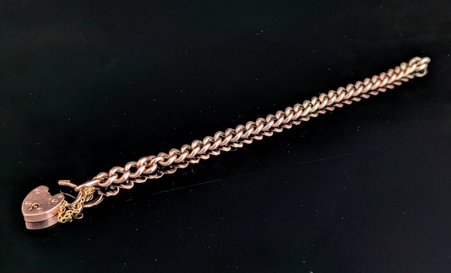 Antique 9ct gold curb link bracelet, Heart padlock