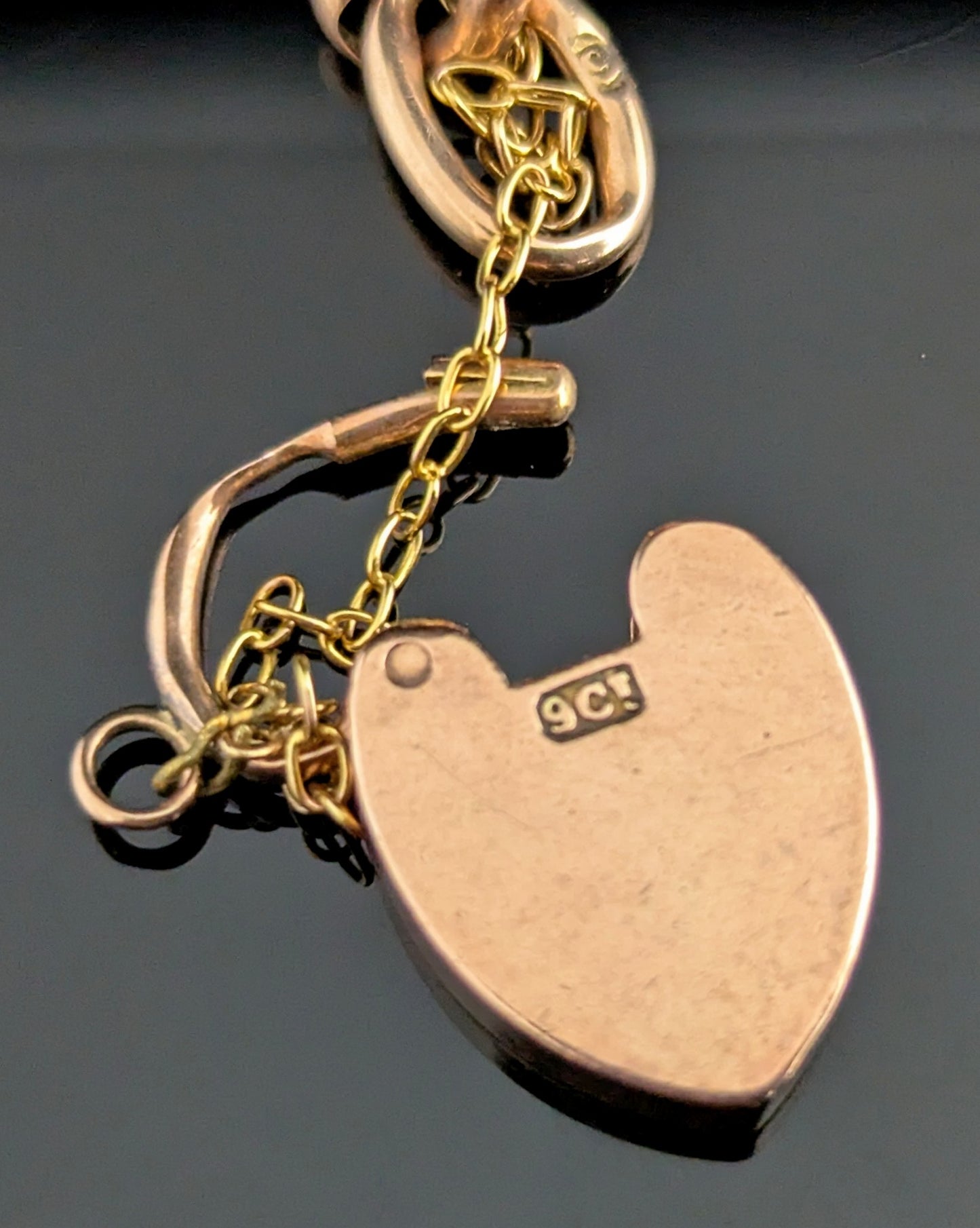 Antique 9ct gold curb link bracelet, Heart padlock