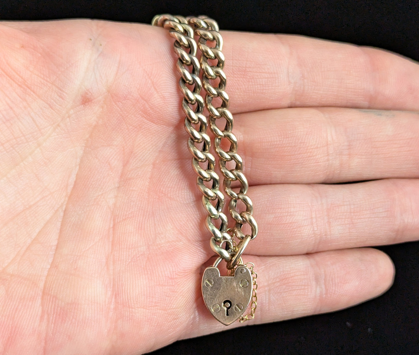 Antique 9ct gold curb link bracelet, Heart padlock