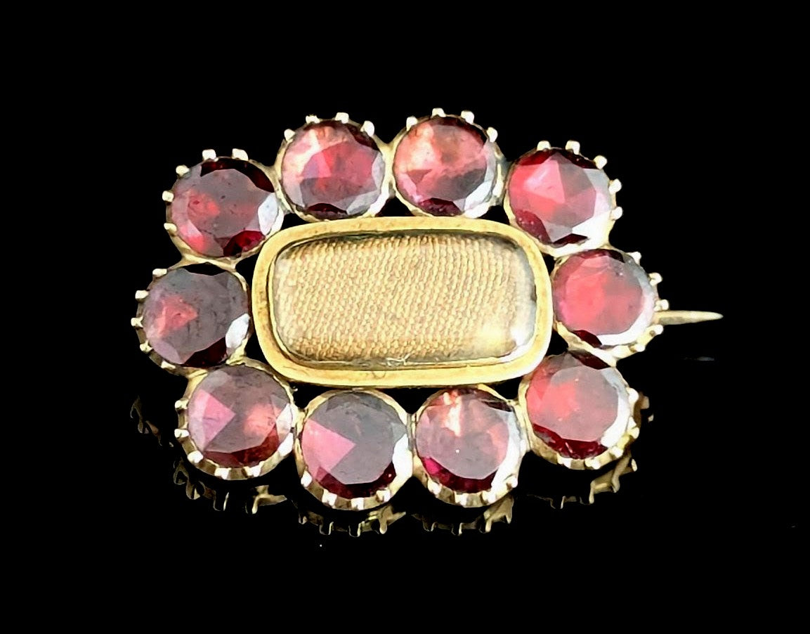 Antique Georgian Flat cut Garnet Mourning brooch, 9ct gold