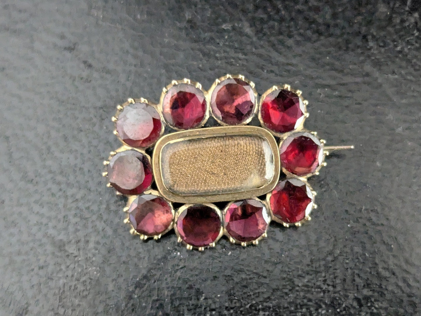 Antique Georgian Flat cut Garnet Mourning brooch, 9ct gold