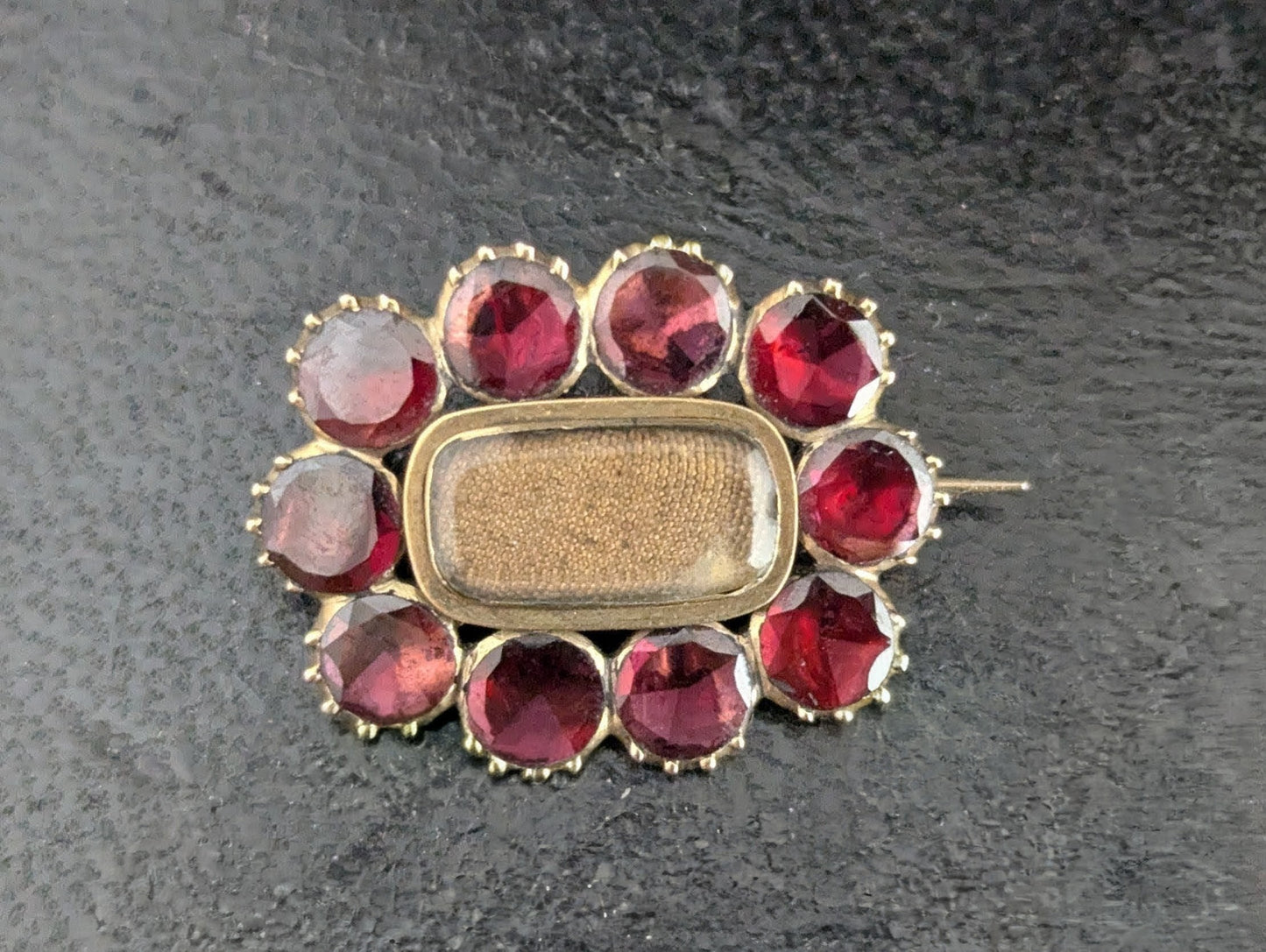 Antique Georgian Flat cut Garnet Mourning brooch, 9ct gold